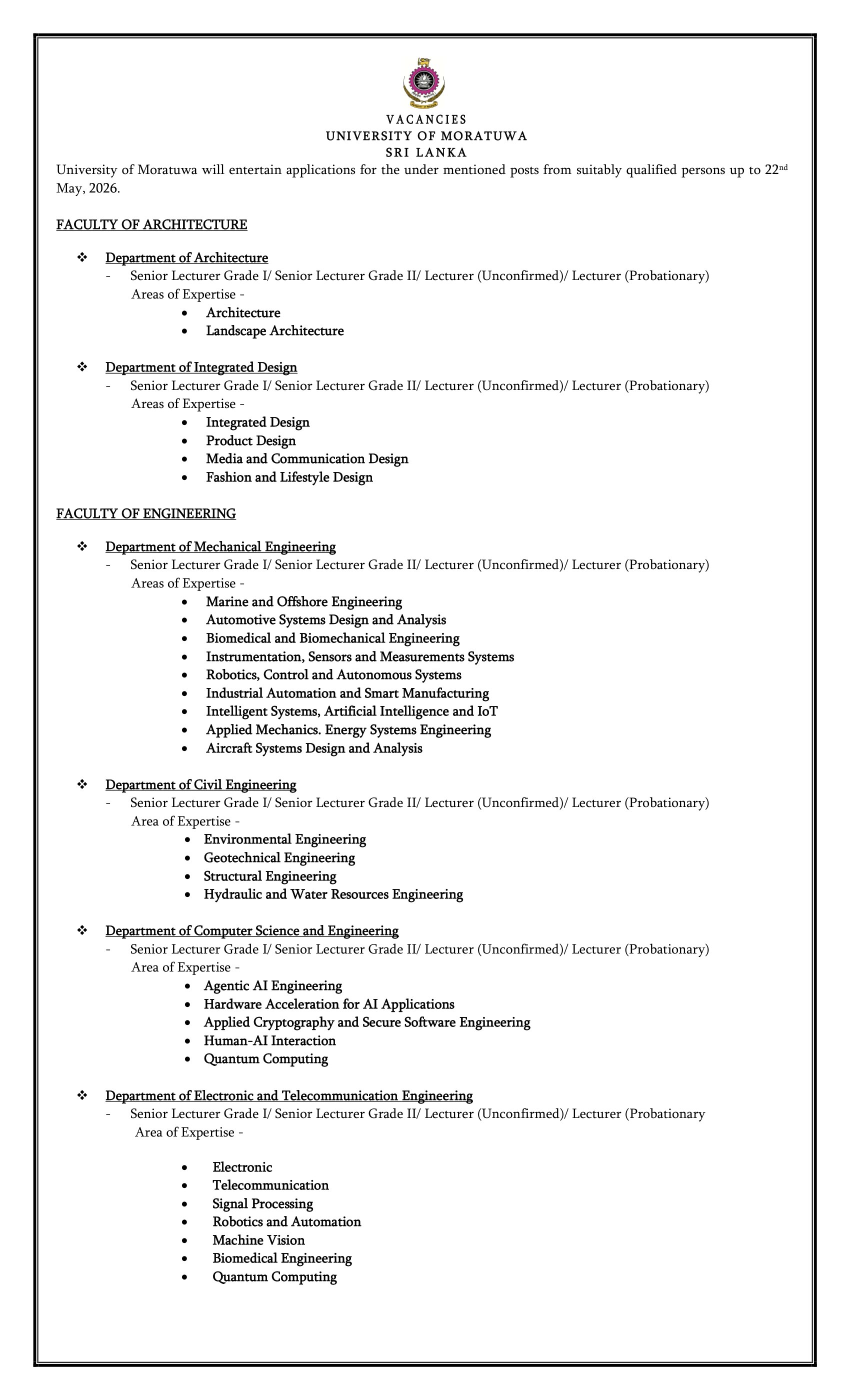 Senior Lecturer, Lecturer, Curator (Landscape), Dental Surgeon - University of Moratuwa