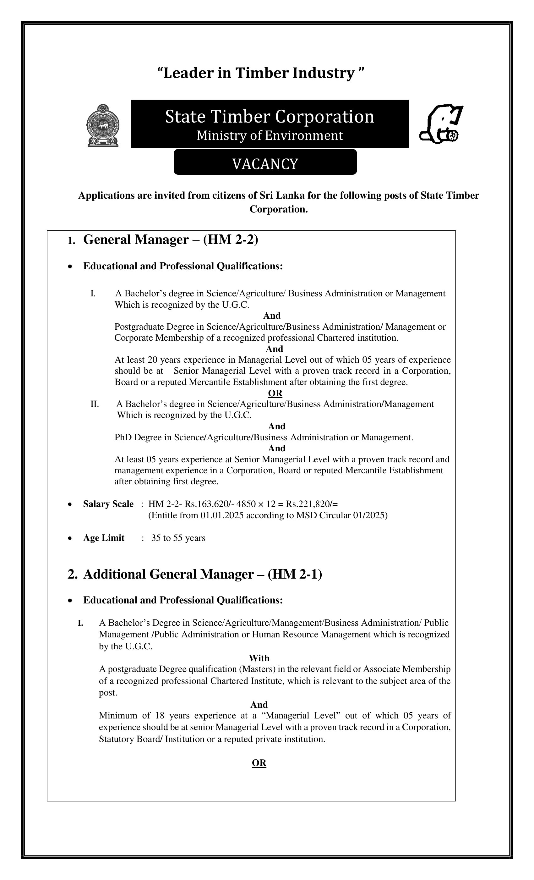 General Manager, Additional General Manager, Assistant Manager (Human Resources) - State Timber Corporation
