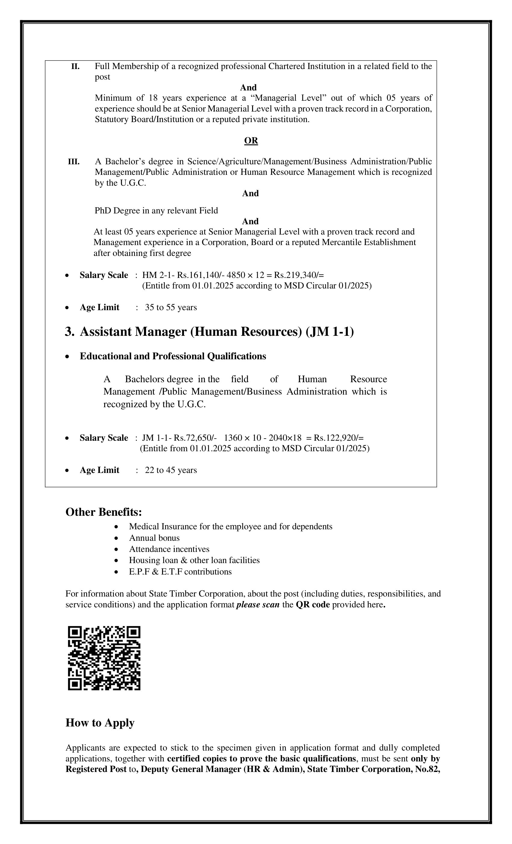 General Manager, Additional General Manager, Assistant Manager (Human Resources) - State Timber Corporation
