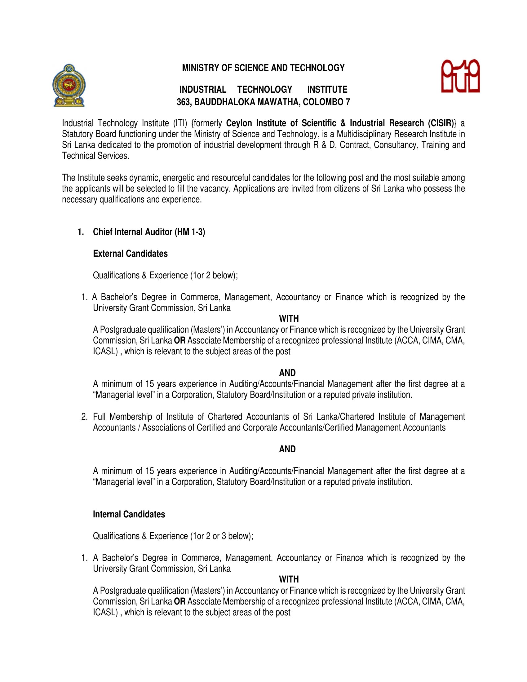 Chief Internal Auditor - Industrial Technology Institute