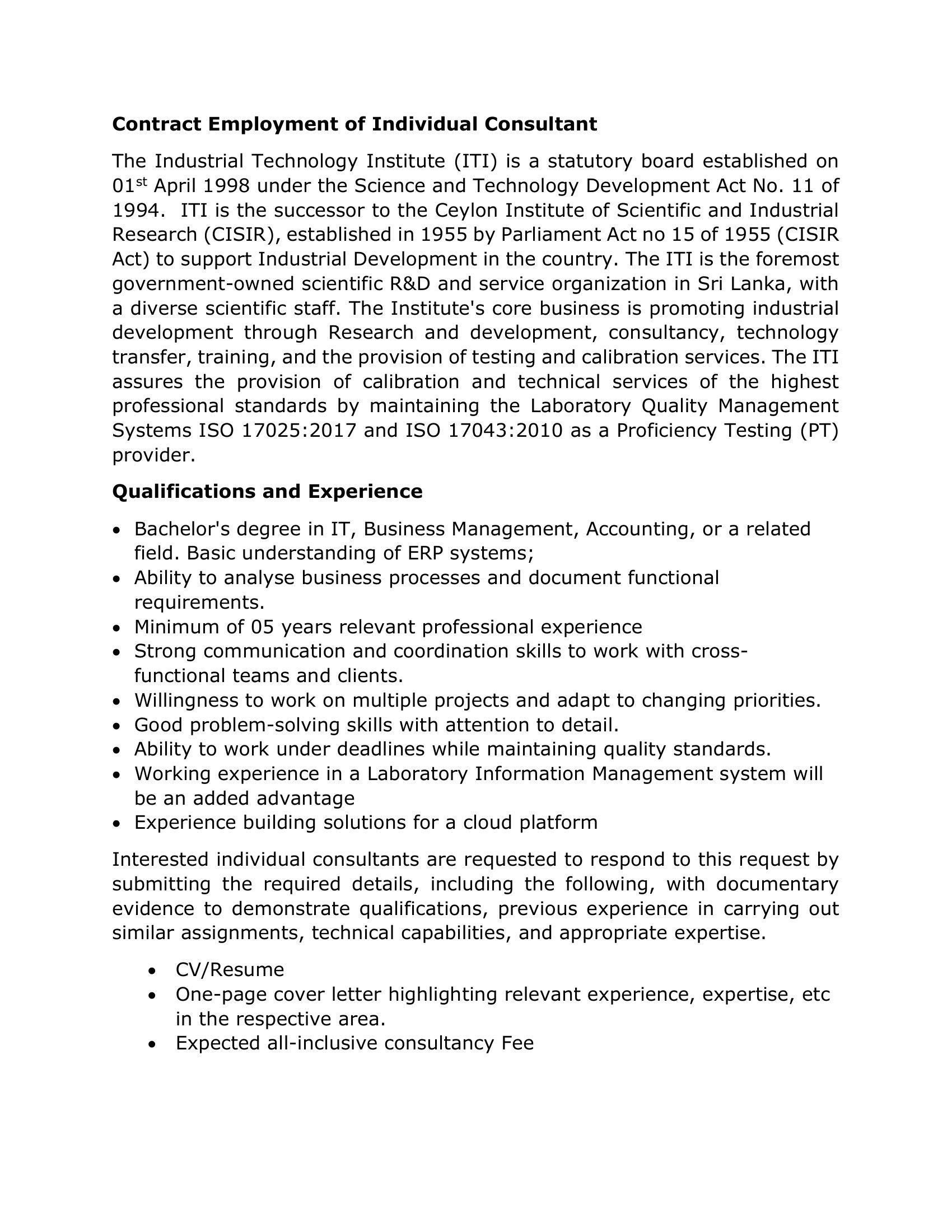 Individual Consultant - Industrial Technology Institute