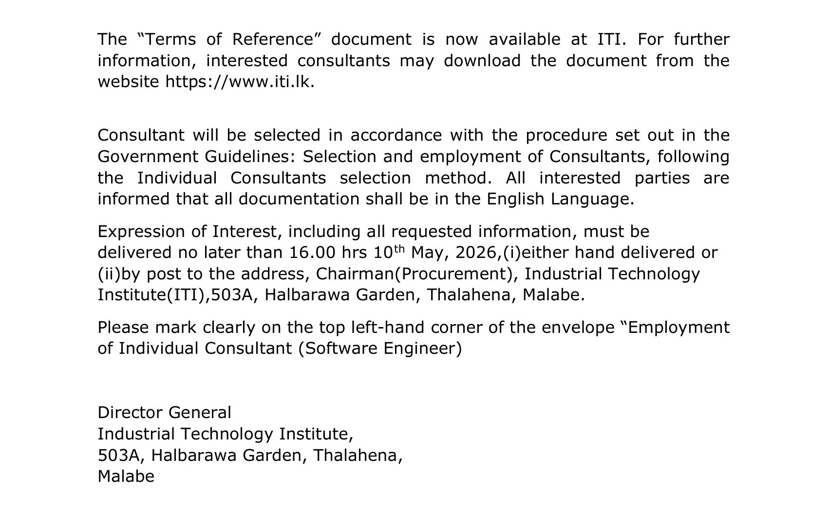 Individual Consultant - Industrial Technology Institute