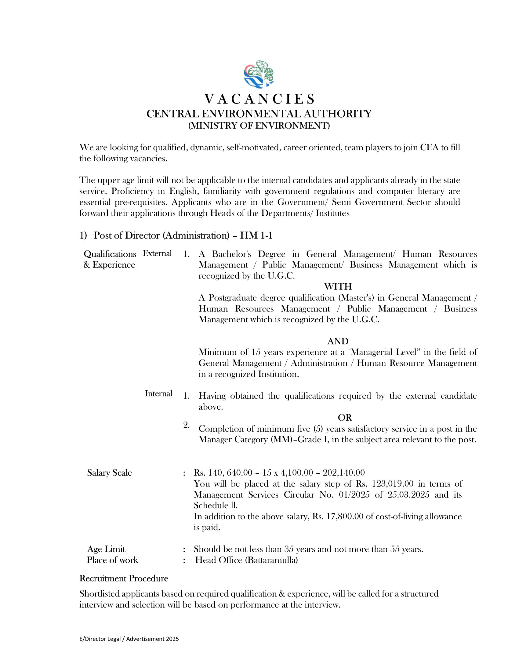 Director (Administration), Assistant Director (Finance), Internal Auditor, Statistical Officer - Central Environmental Authority