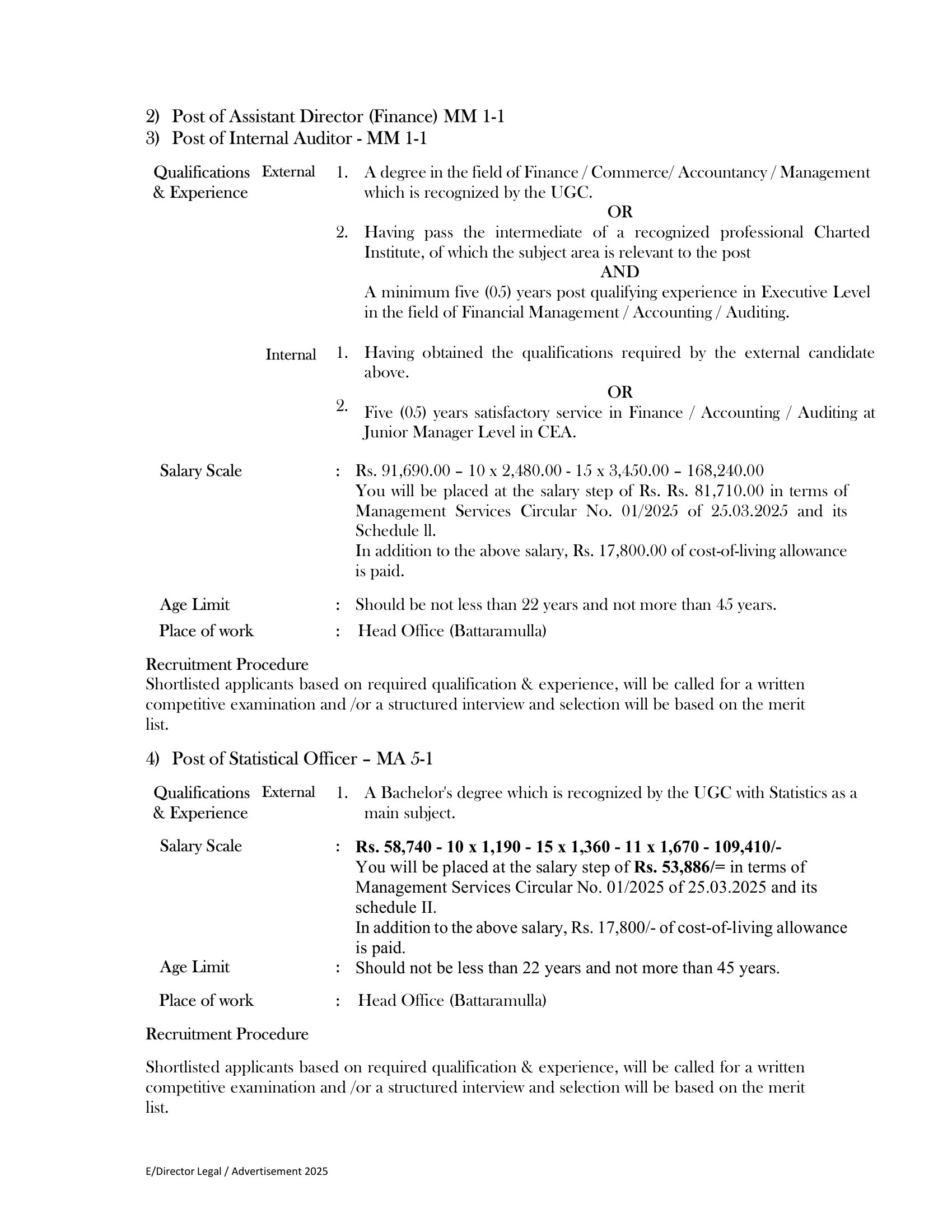 Director (Administration), Assistant Director (Finance), Internal Auditor, Statistical Officer - Central Environmental Authority
