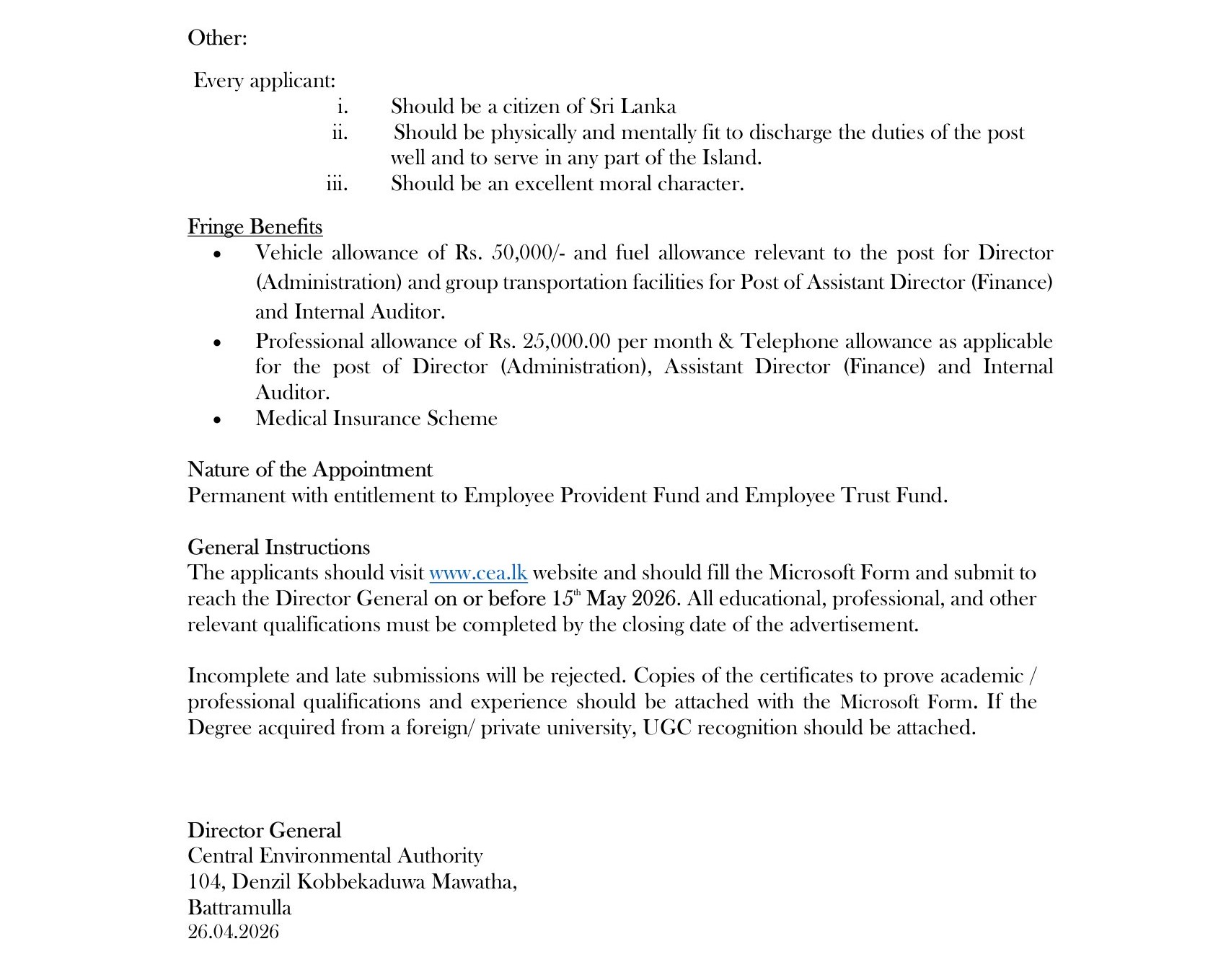 Director (Administration), Assistant Director (Finance), Internal Auditor, Statistical Officer - Central Environmental Authority
