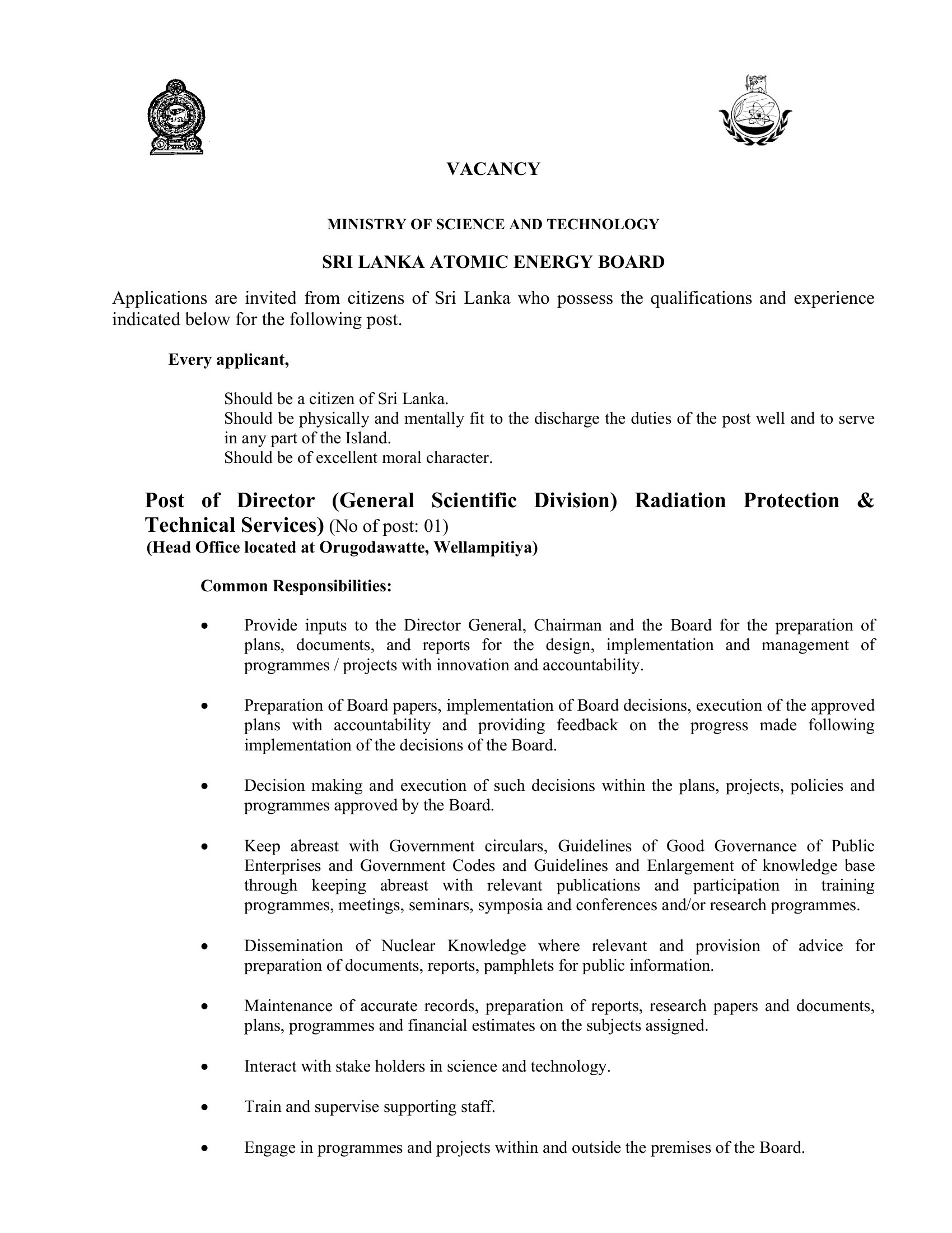 Director (General Scientific Division) - Sri Lanka Atomic Energy Board