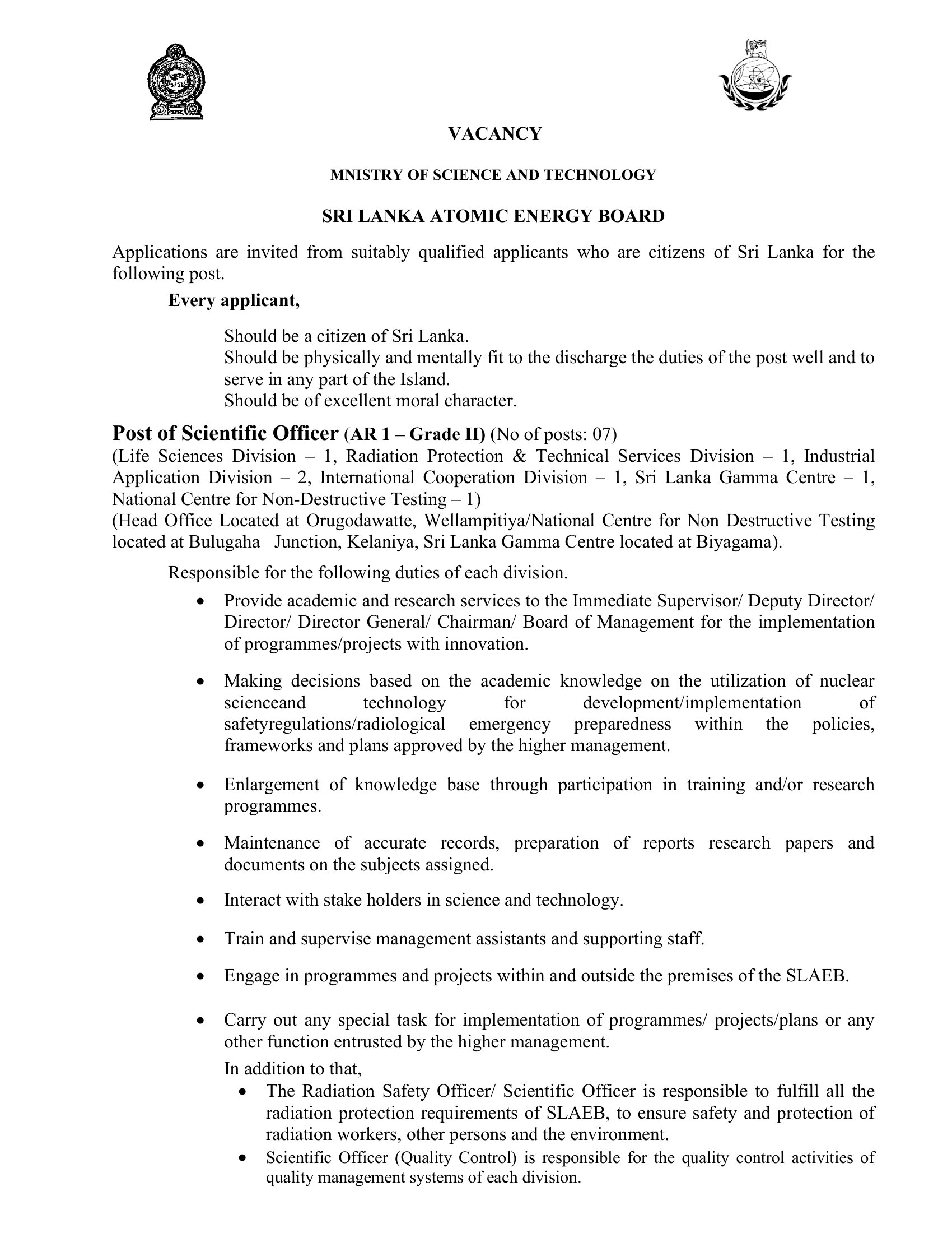 Scientific Officer - Sri Lanka Atomic Energy Board
