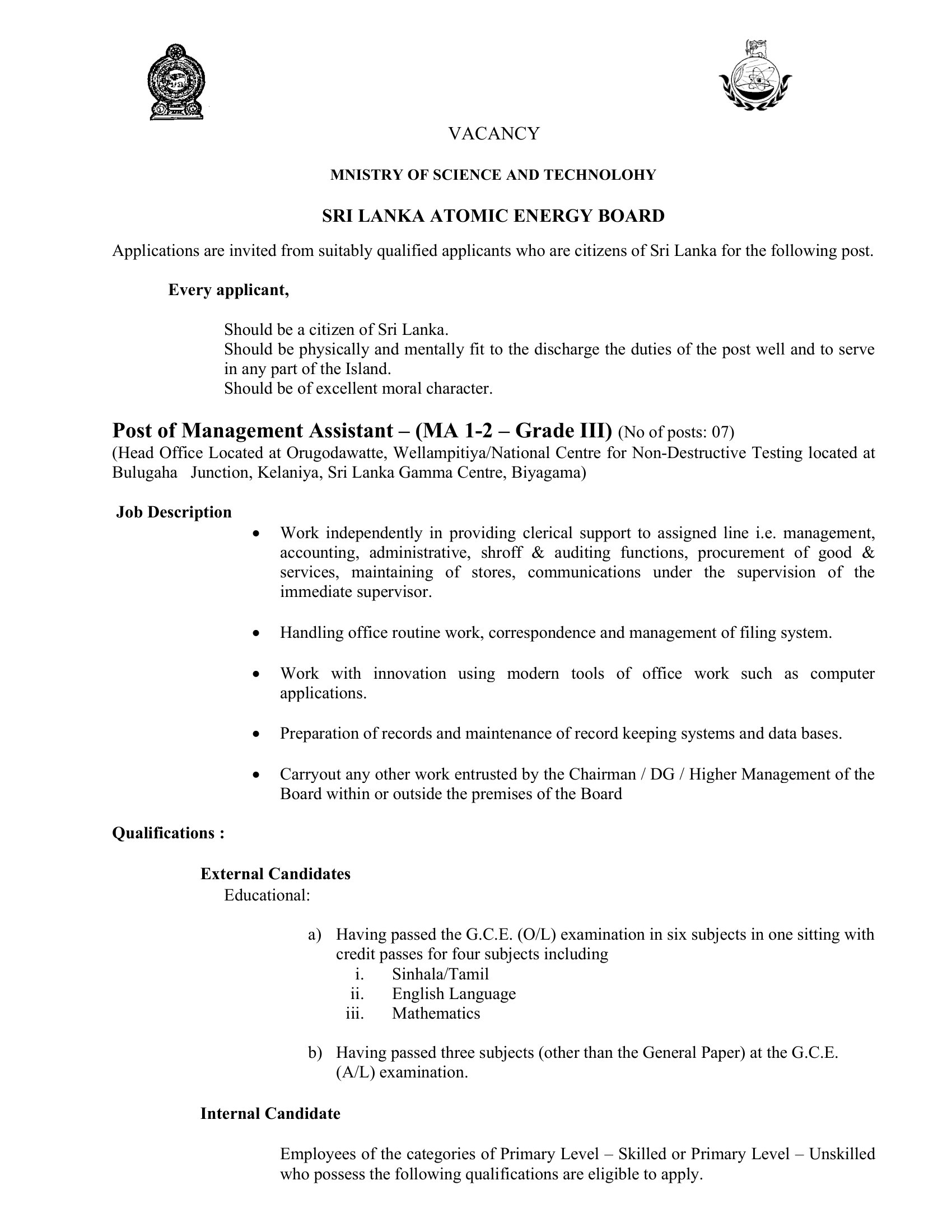 Management Assistant - Sri Lanka Atomic Energy Board