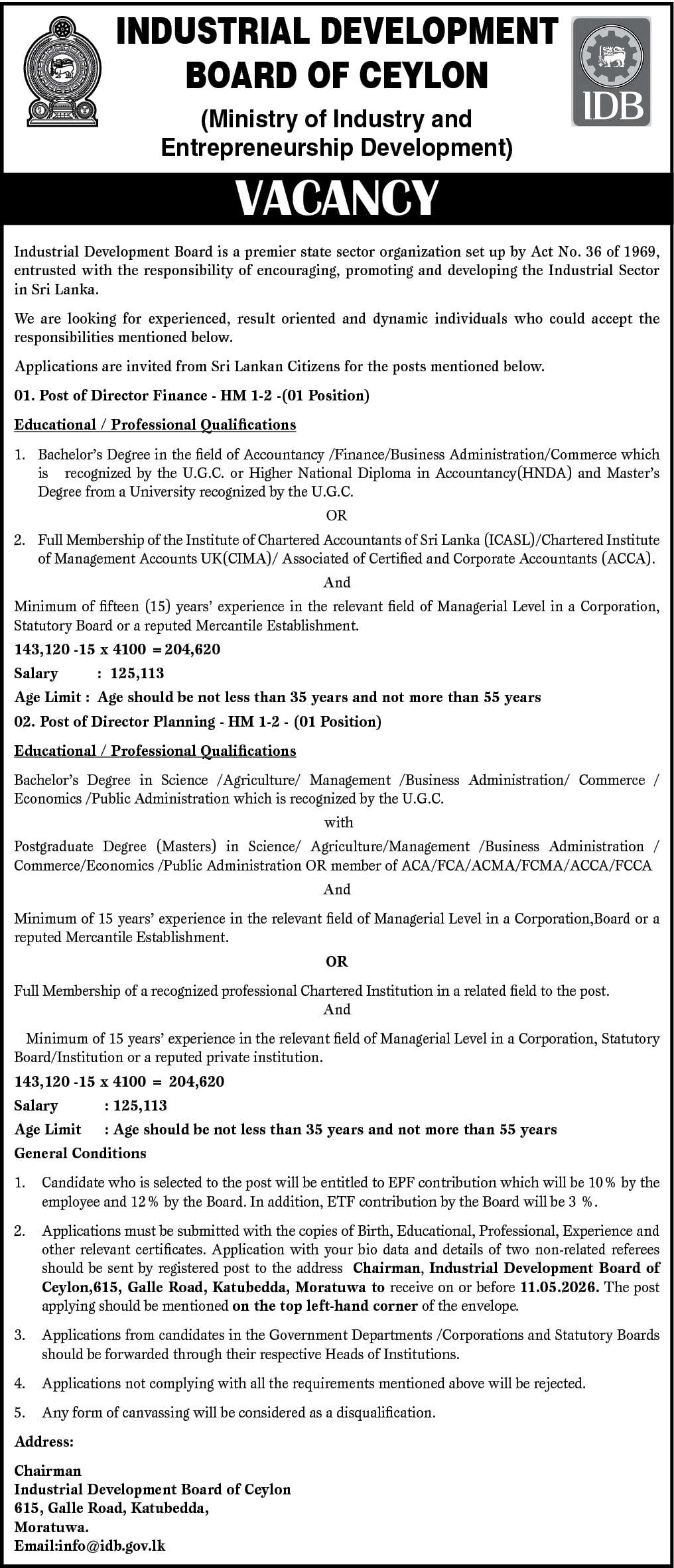 Director (Planning, Finance) - Industrial Development Board of Ceylon