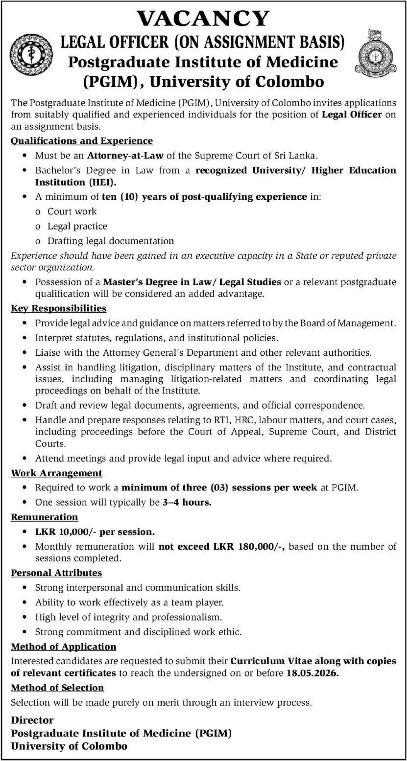 Legal Officer - Postgraduate Institute of Medicine - University of Colombo 