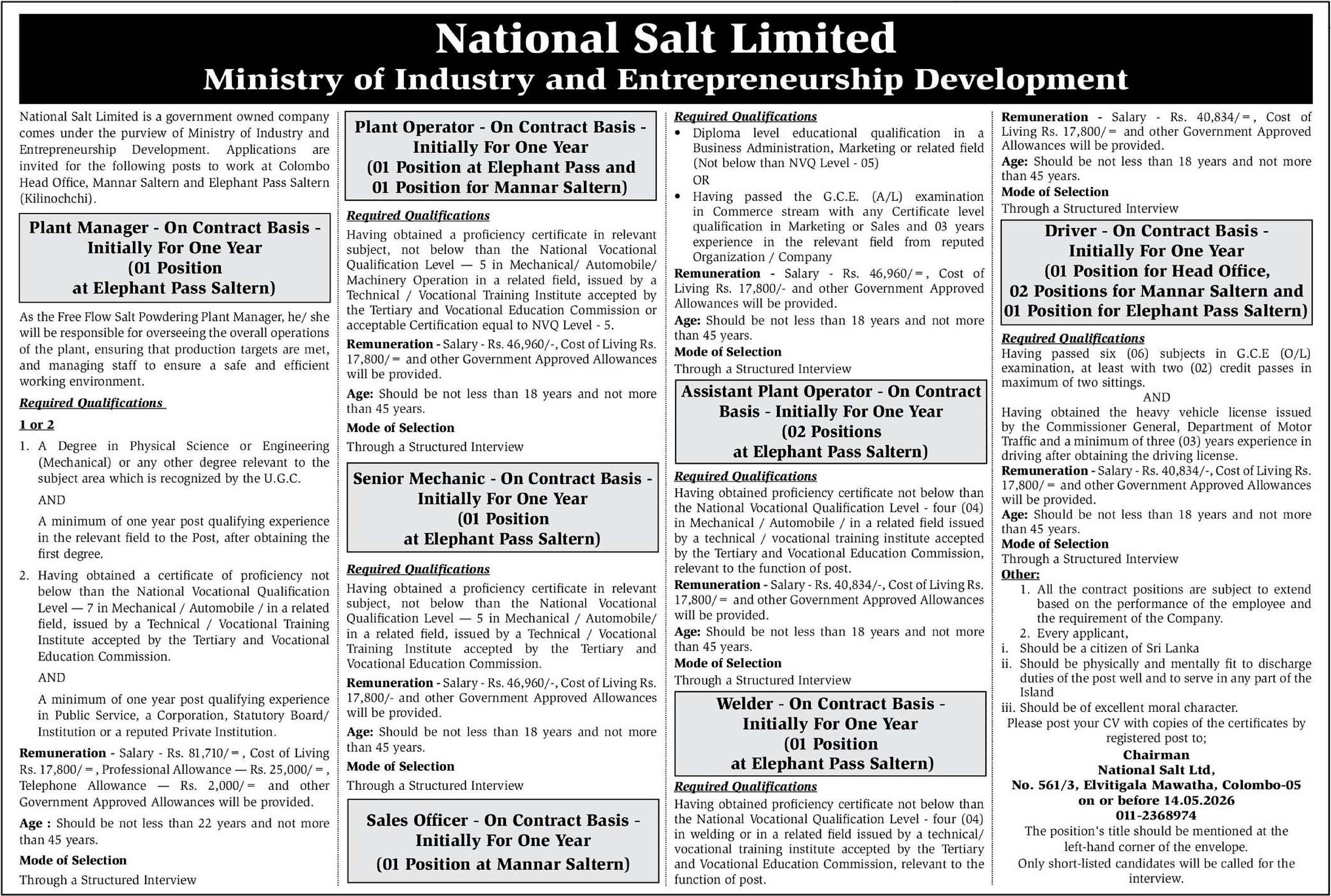 Plant Manager, Plant Operator, Senior Mechanic, Sales Officer, Assistant Plant Operator, Welder, Driver - National Salt Ltd
