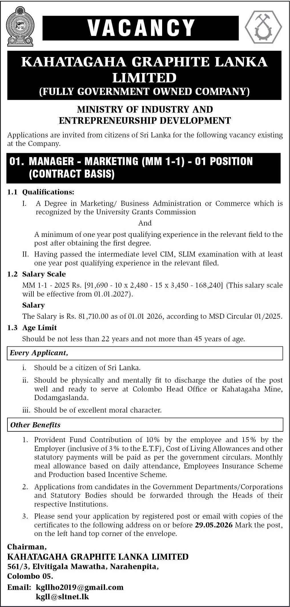 Manager (Marketing) - Kahatagaha Graphite Lanka Limited