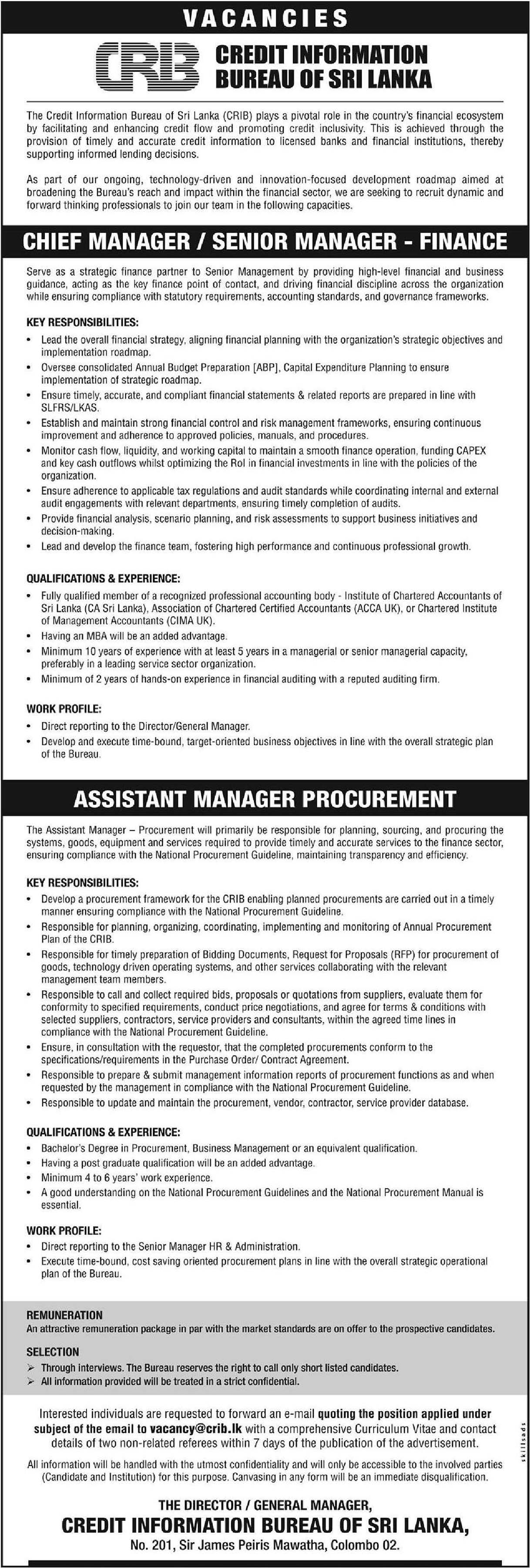 Chief Manager/Senior Manager (Finance), Assistant Manager (Procurement) - Credit Information Bureau of Sri Lanka
