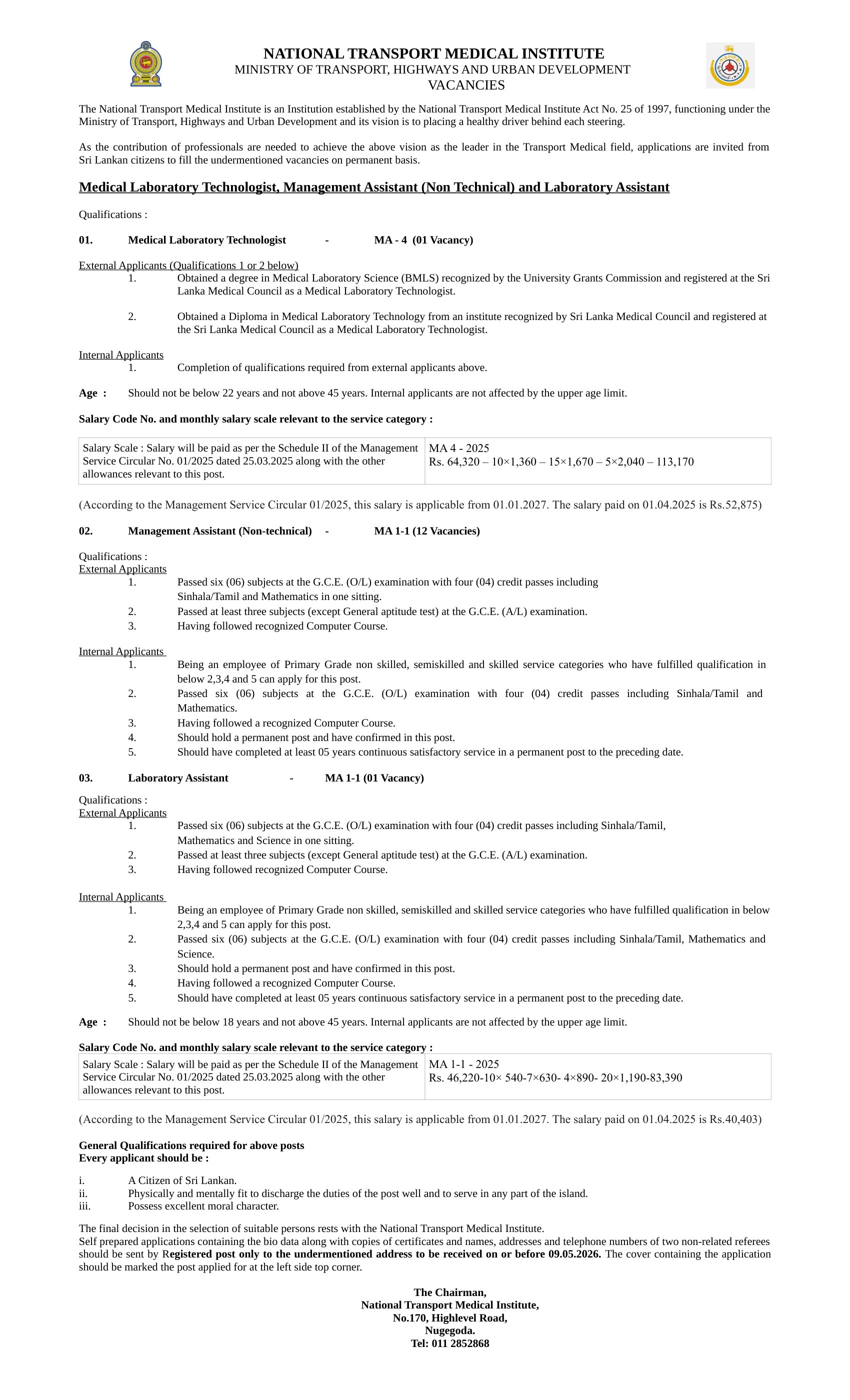 Management Assistant, Medical Laboratory Technologist, Laboratory Assistant - National Transport Medical Institute