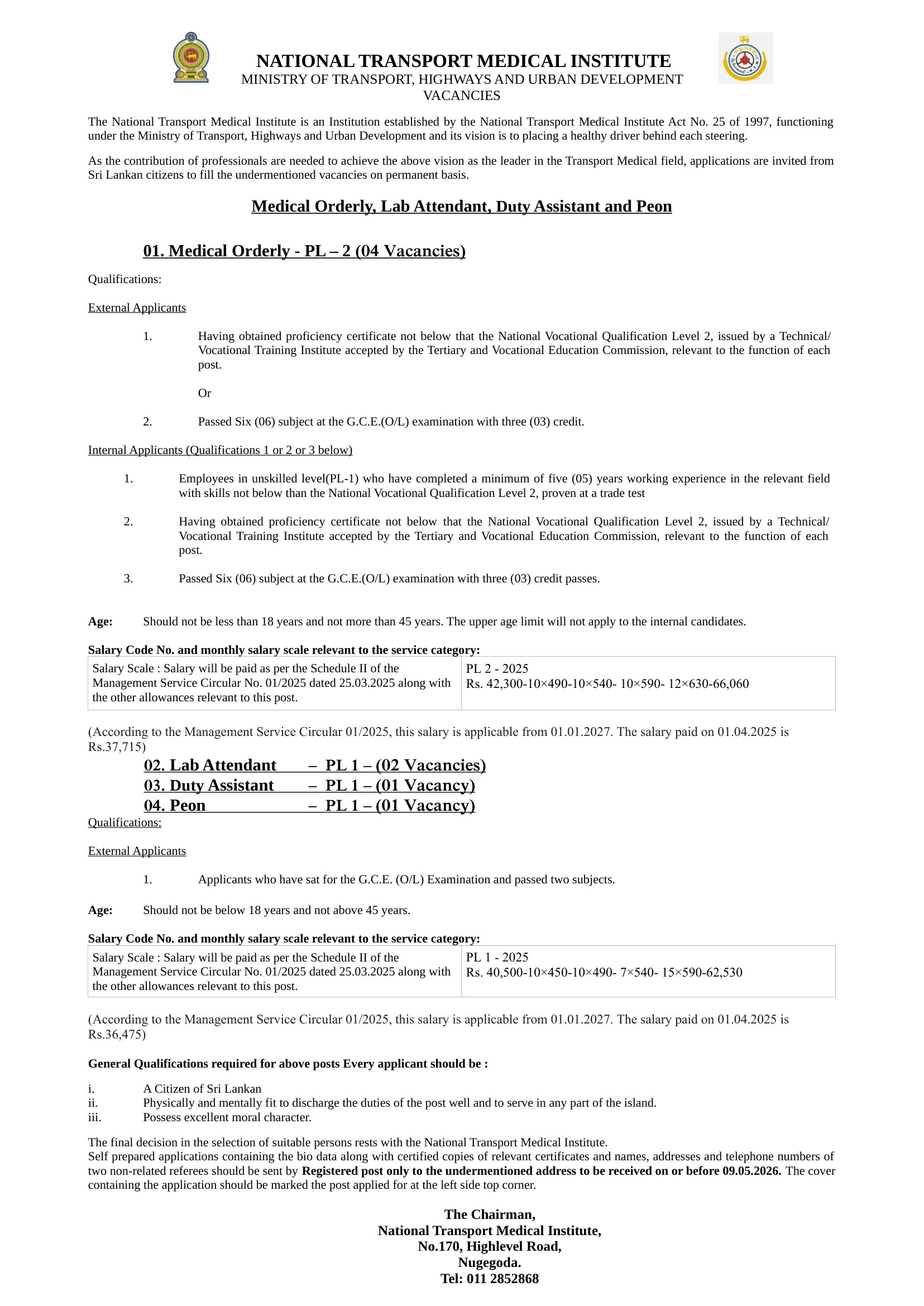 Medical Orderly, Lab Attendant, Duty Assistant, Peon - National Transport Medical Institute