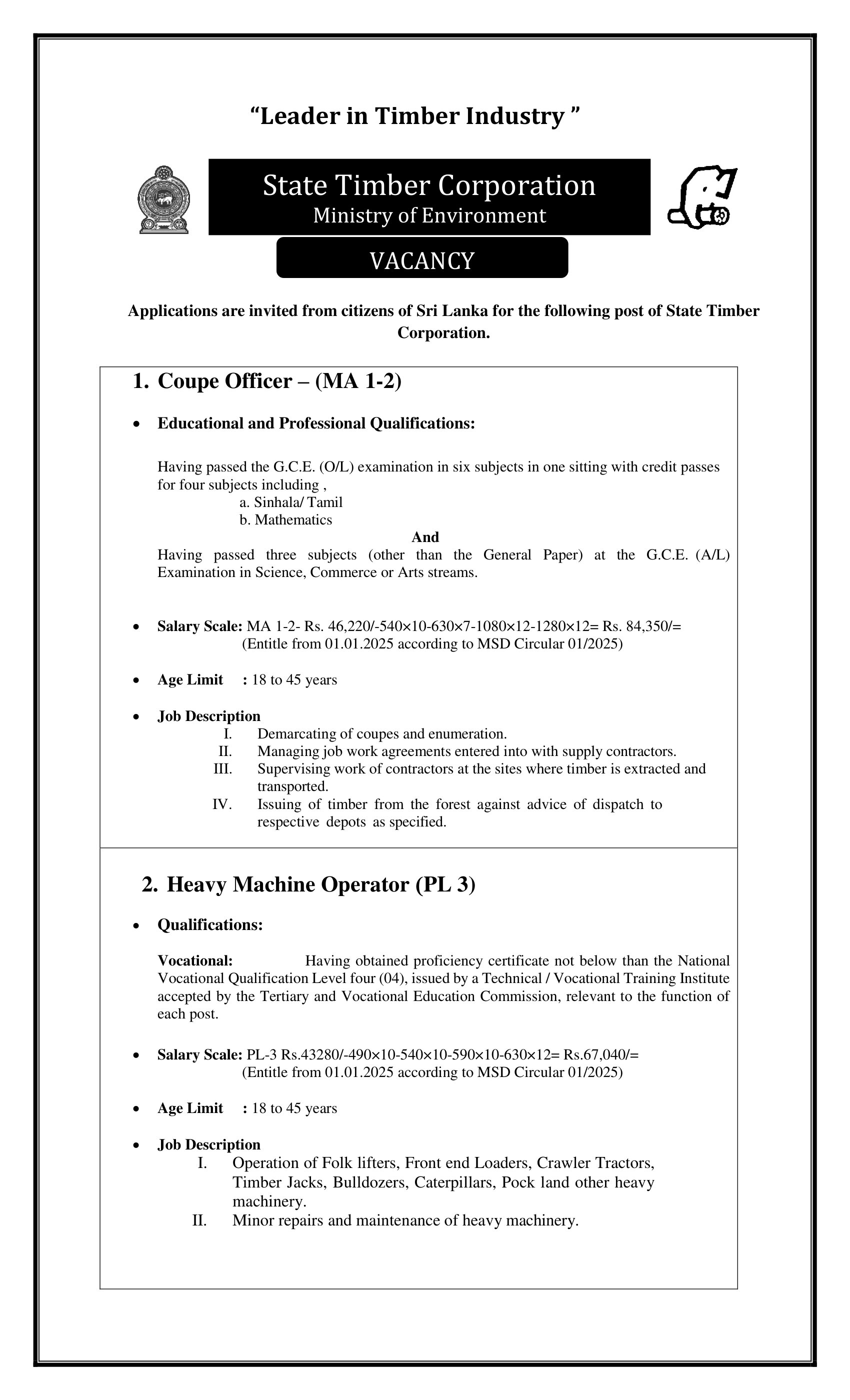 Coupe Officer, Heavy Machine Operator, Boiler & Kiln Operator, Plant Operator, Sawyer, Chain Saw Operator - State Timber Corporation