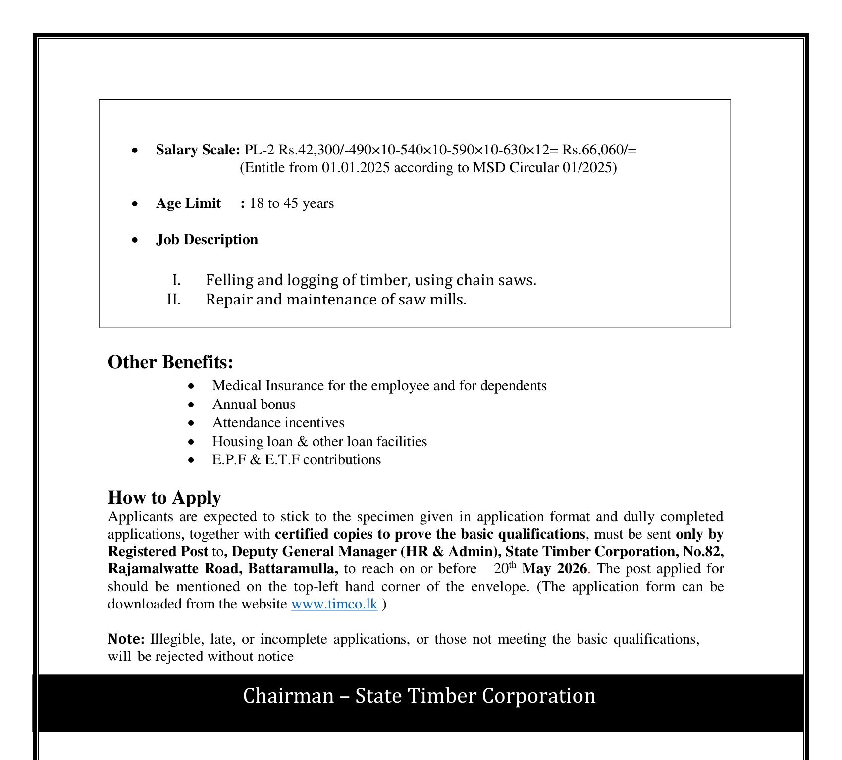Coupe Officer, Heavy Machine Operator, Boiler & Kiln Operator, Plant Operator, Sawyer, Chain Saw Operator - State Timber Corporation