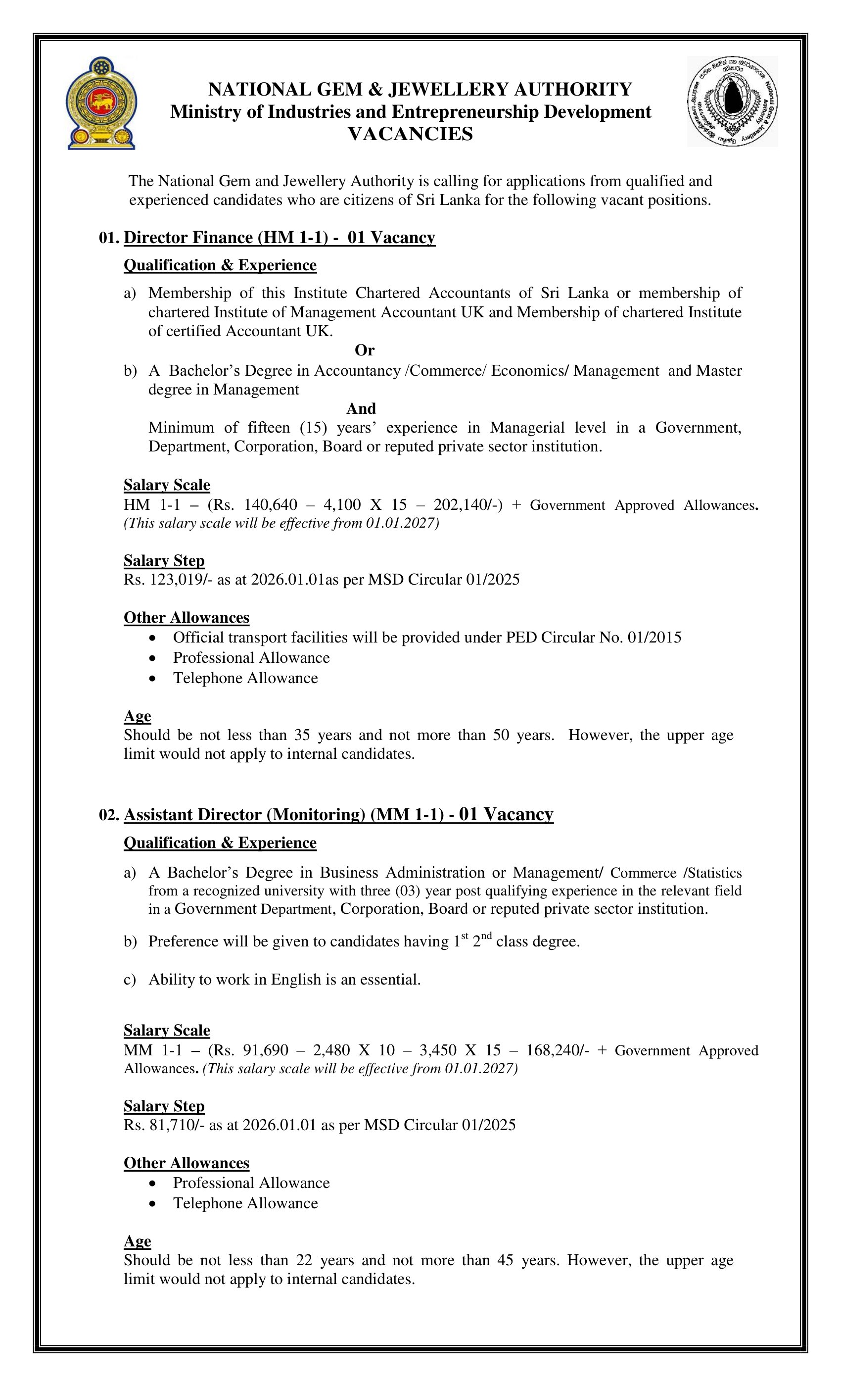 Director (Finance), Assistant Director (Monitoring, Legal), Legal Officer, Planning Officer, Procurement Officer, Enforcement & Regional Development Assistant, Technician - National Gem & Jewellery Authority