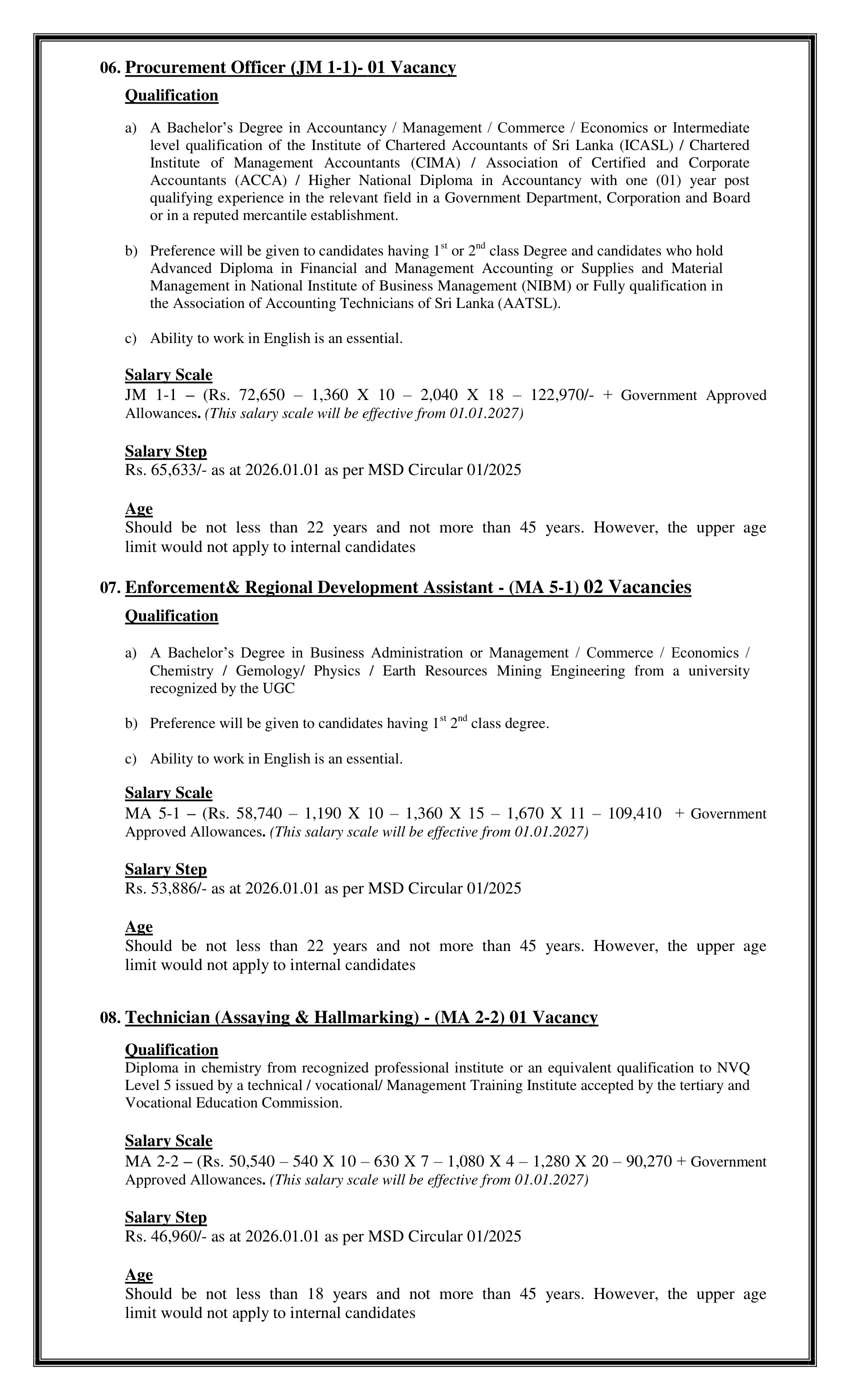 Director (Finance), Assistant Director (Monitoring, Legal), Legal Officer, Planning Officer, Procurement Officer, Enforcement & Regional Development Assistant, Technician - National Gem & Jewellery Authority