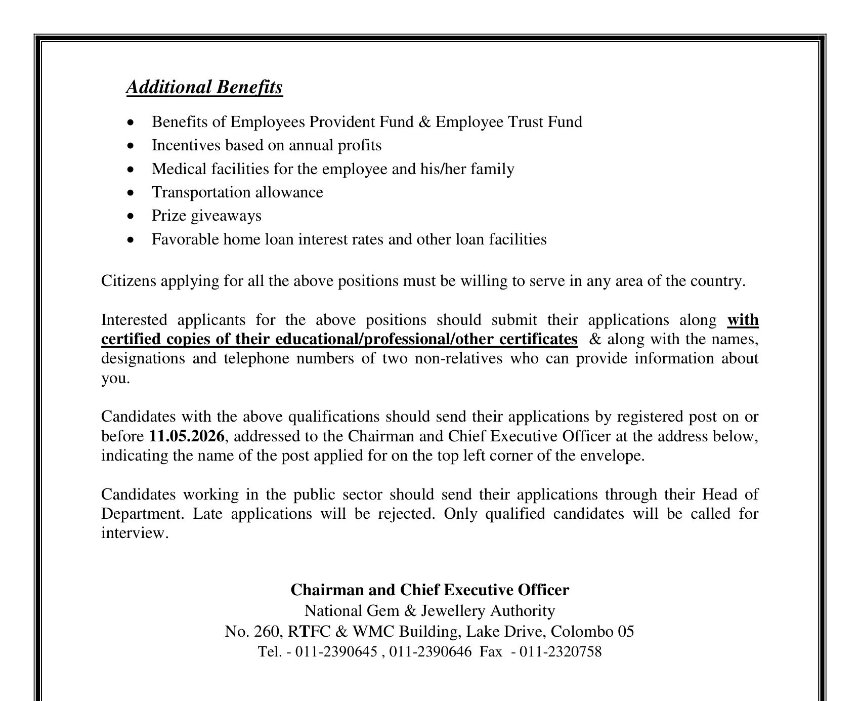 Director (Finance), Assistant Director (Monitoring, Legal), Legal Officer, Planning Officer, Procurement Officer, Enforcement & Regional Development Assistant, Technician - National Gem & Jewellery Authority