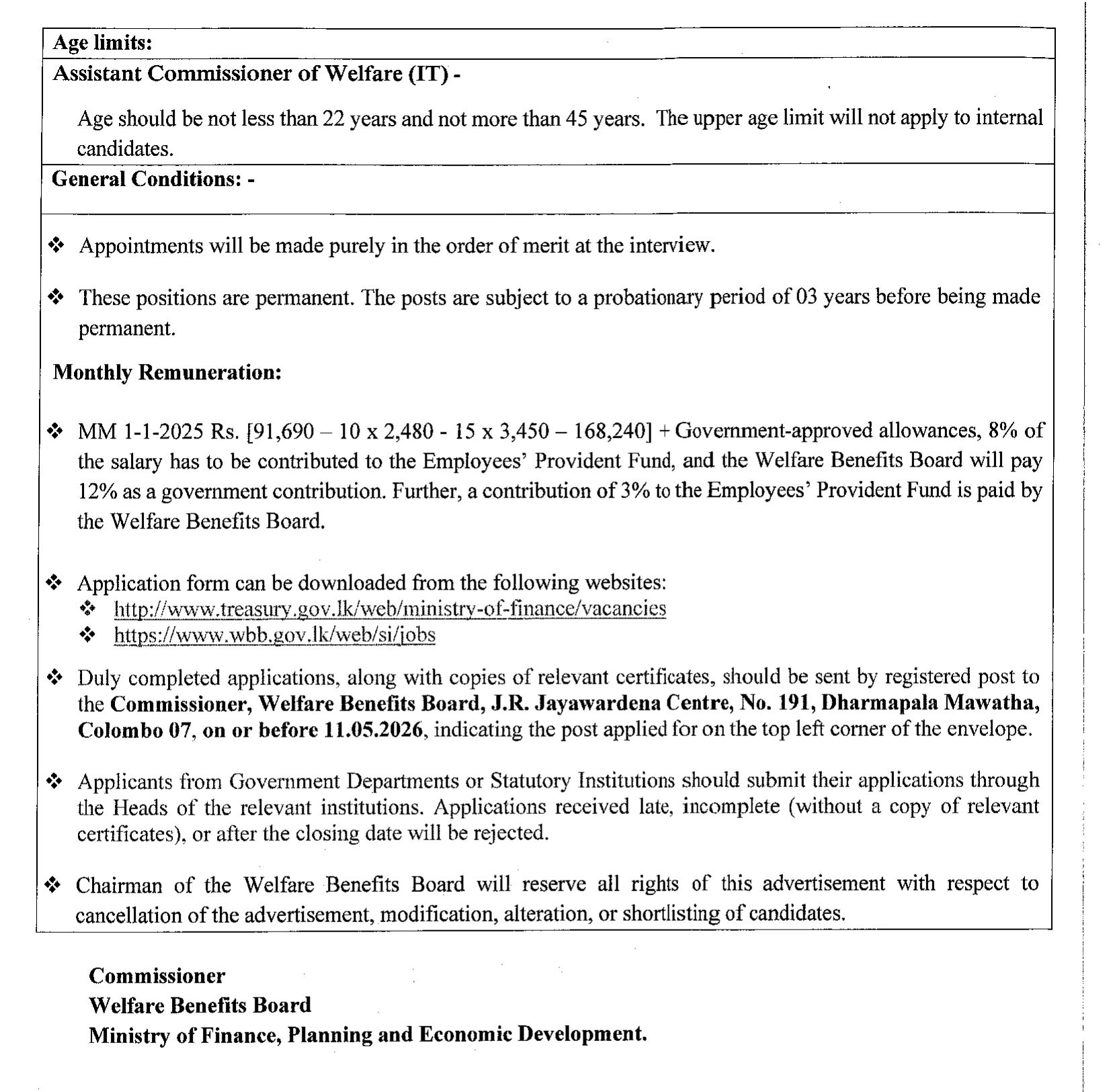Assistant Commissioner of Welfare (IT) - Welfare Benefits Board