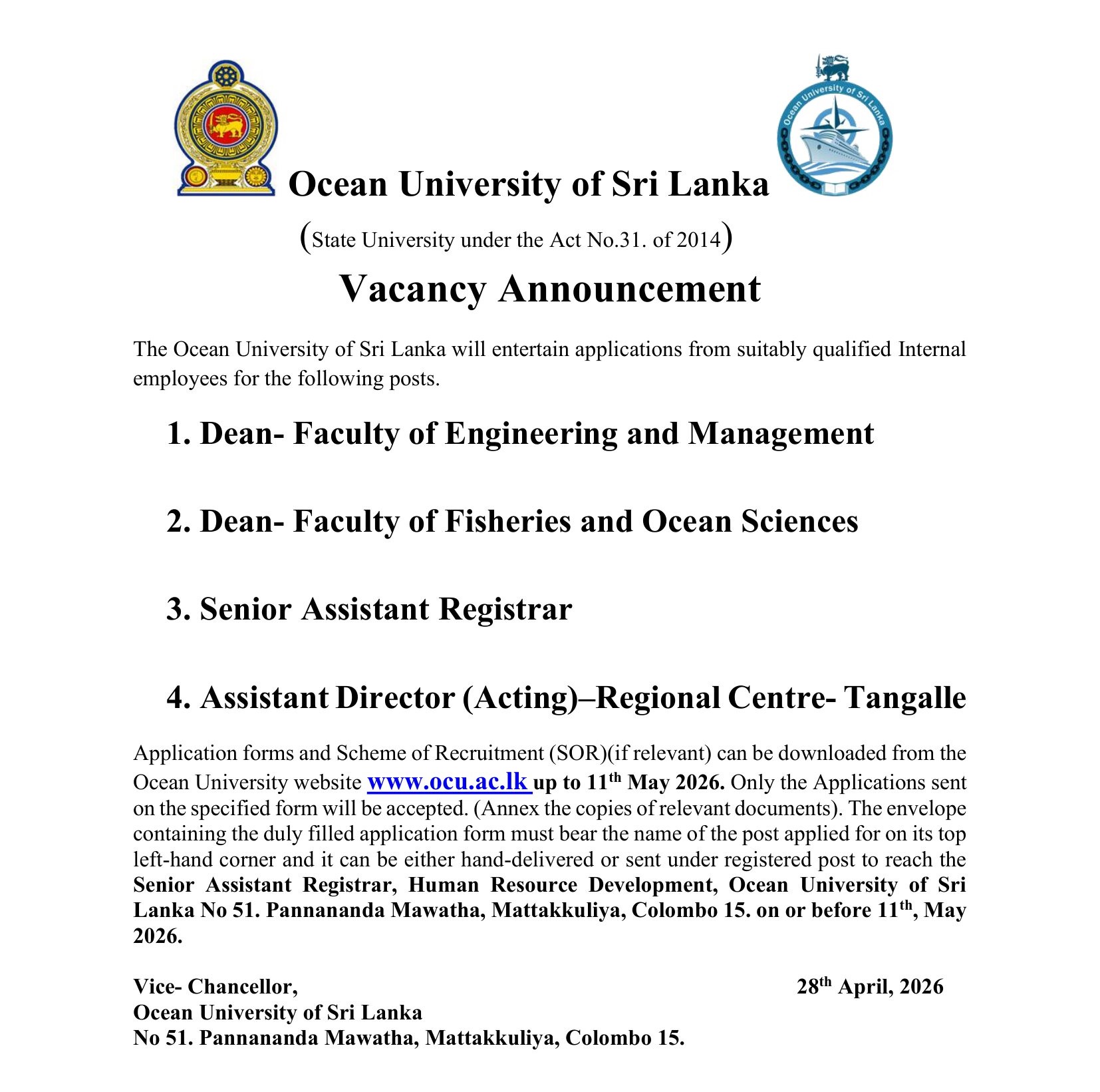 Dean, Senior Assistant Registrar, Assistant Director - Ocean University of Sri Lanka