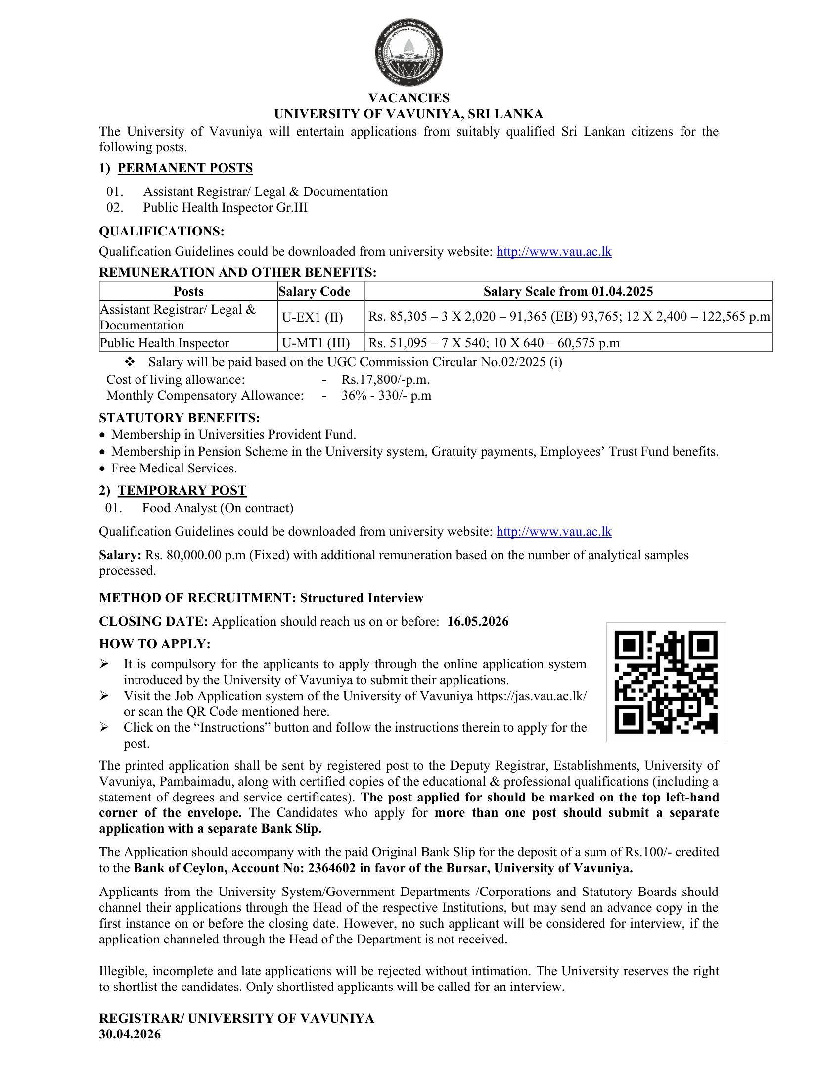 Assistant Registrar (Legal & Documentation), Public Health Inspector - University of Vavuniya
