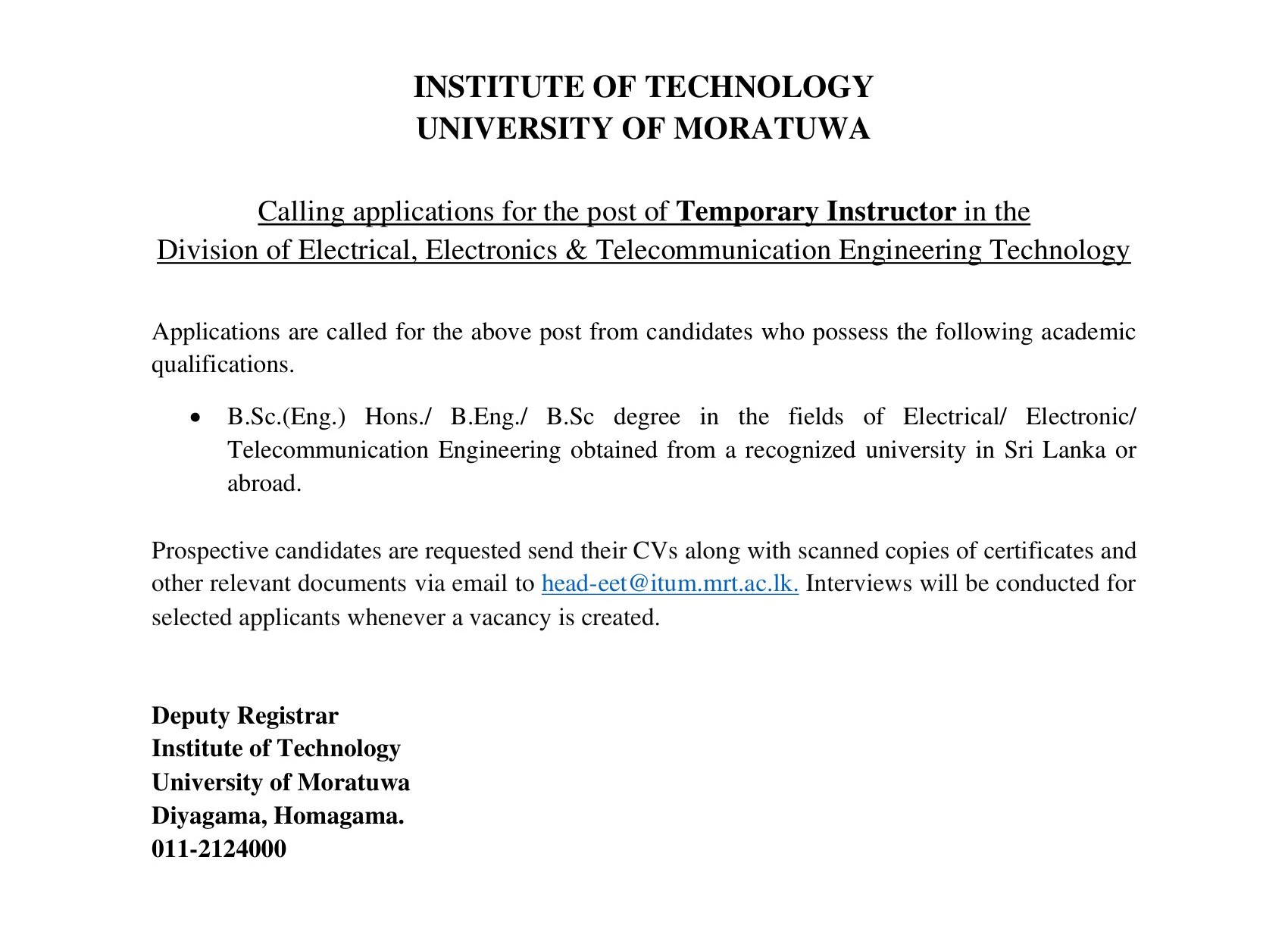 Temporary Instructor - University of Moratuwa