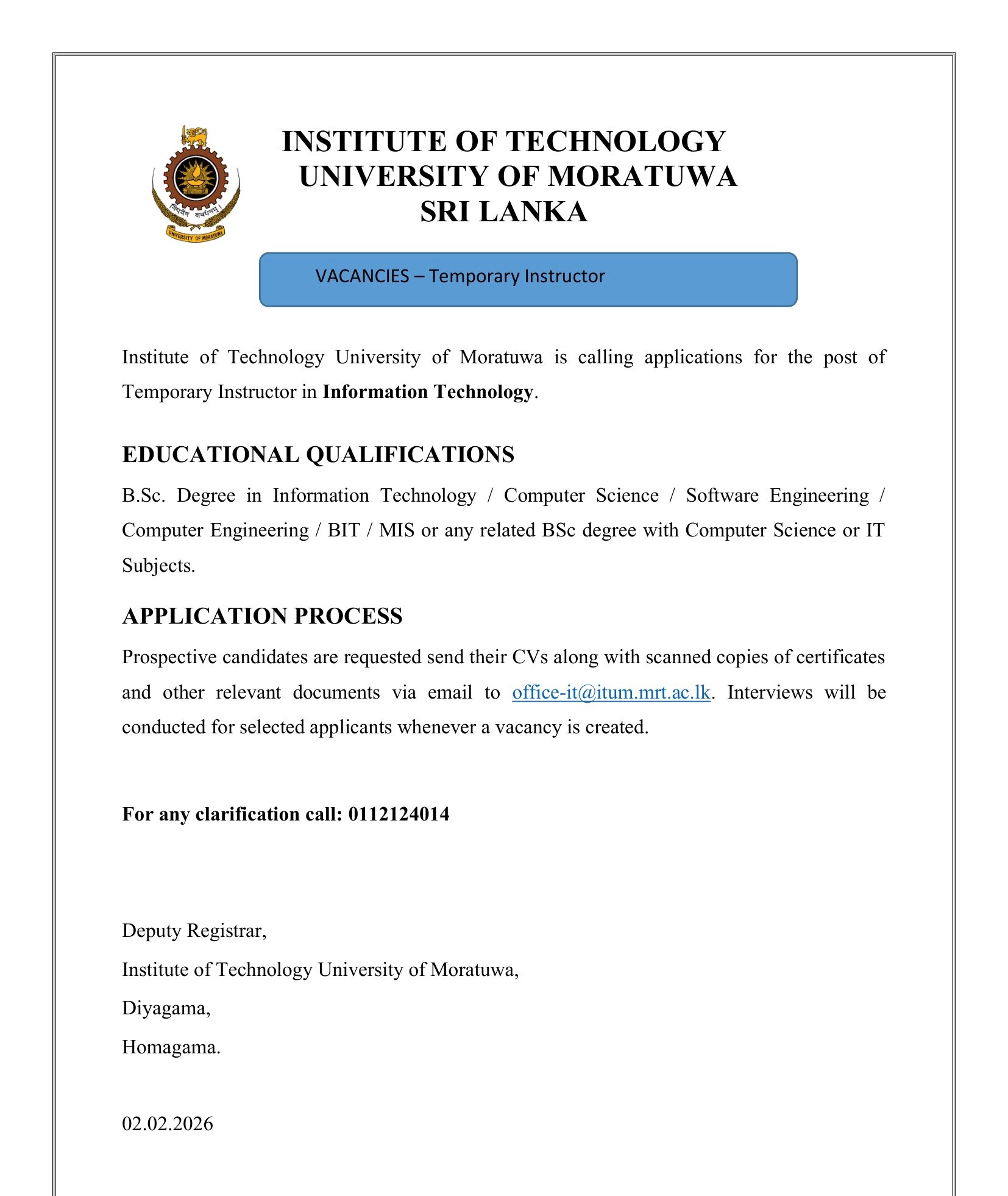 Temporary Instructor - University of Moratuwa