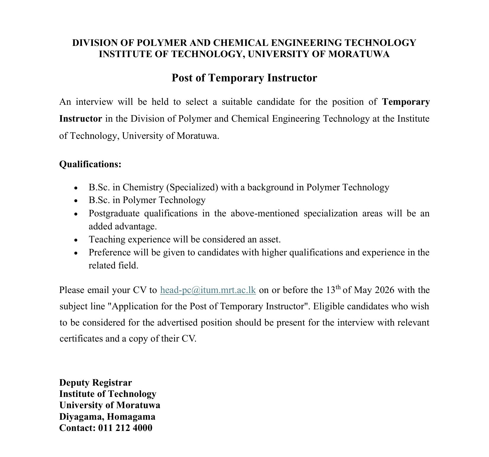 Temporary Instructor - University of Moratuwa