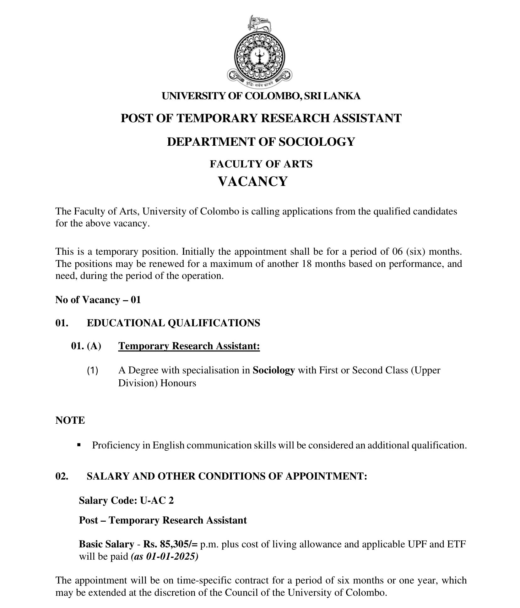 Research Assistant - University of Colombo