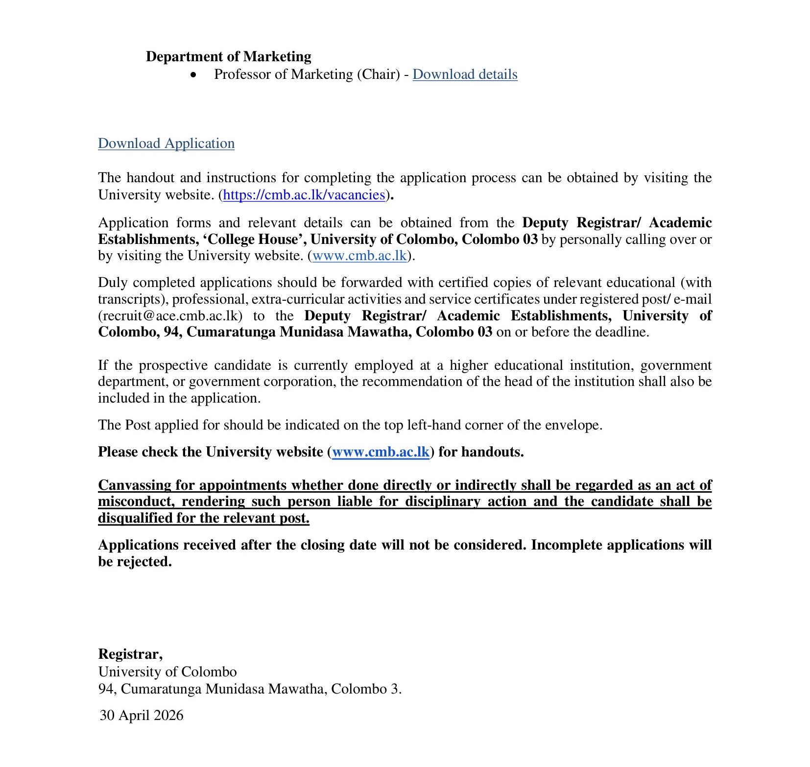 Professor - University of Colombo