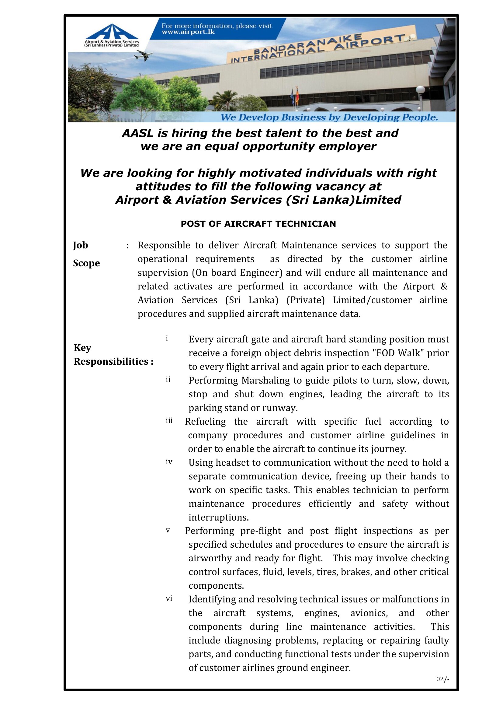 Aircraft Technician, Assistant Manager (Human Resources) - Airport and Aviation Services (Sri Lanka) (Private) Limited 