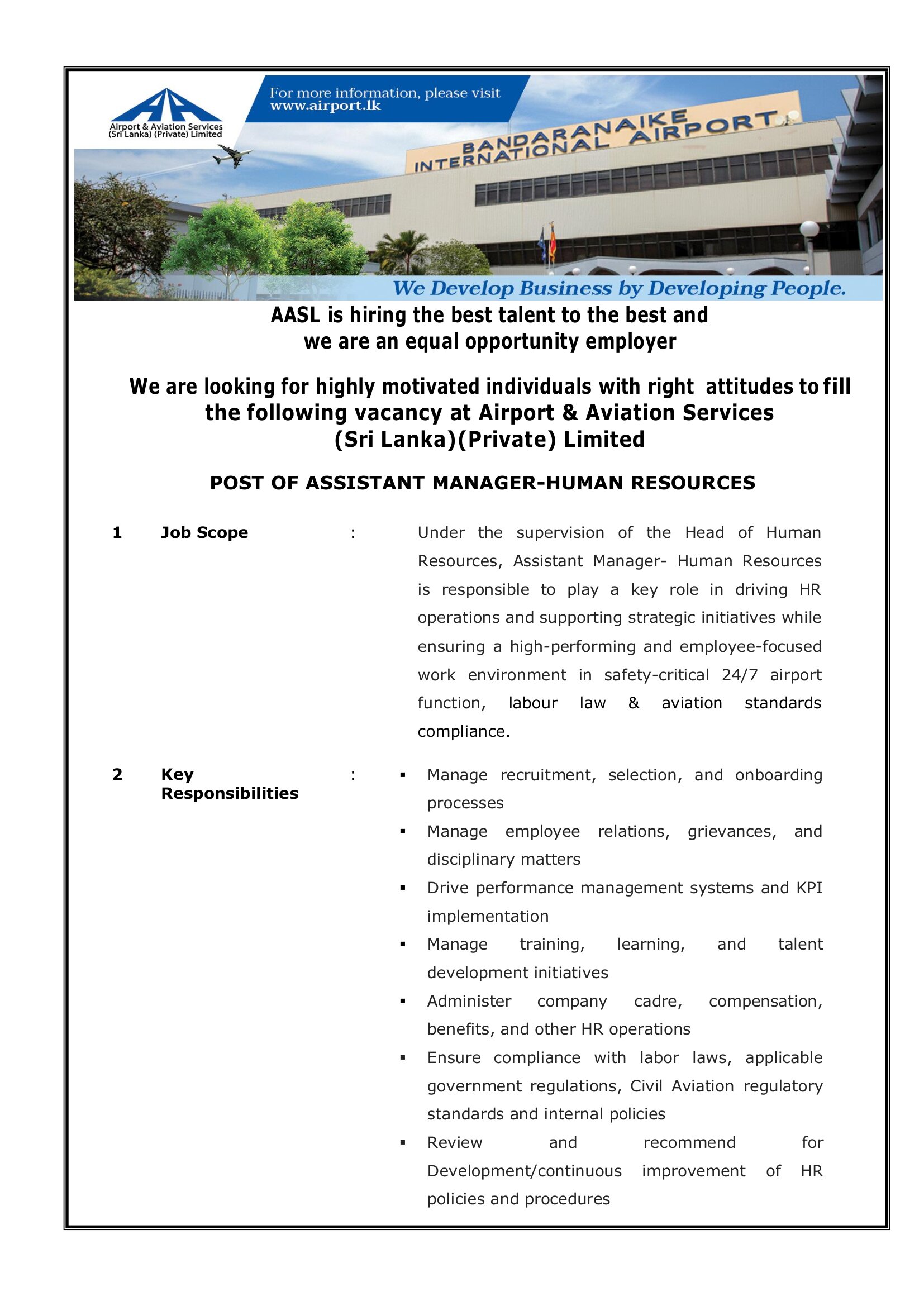 Aircraft Technician, Assistant Manager (Human Resources) - Airport and Aviation Services (Sri Lanka) (Private) Limited 