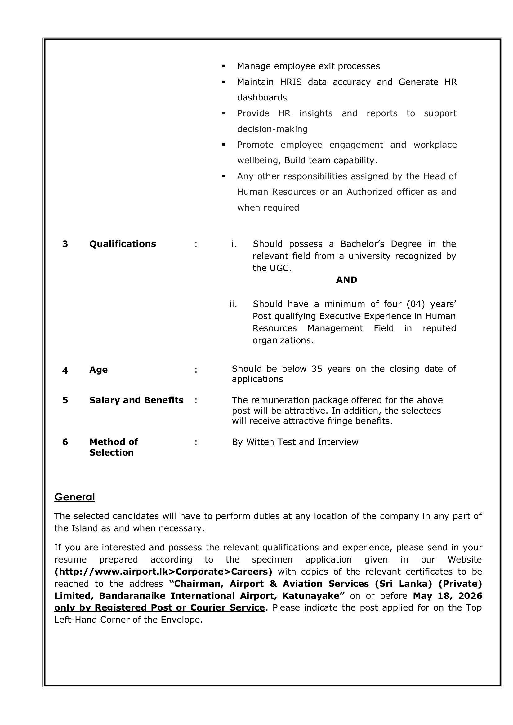 Aircraft Technician, Assistant Manager (Human Resources) - Airport and Aviation Services (Sri Lanka) (Private) Limited 