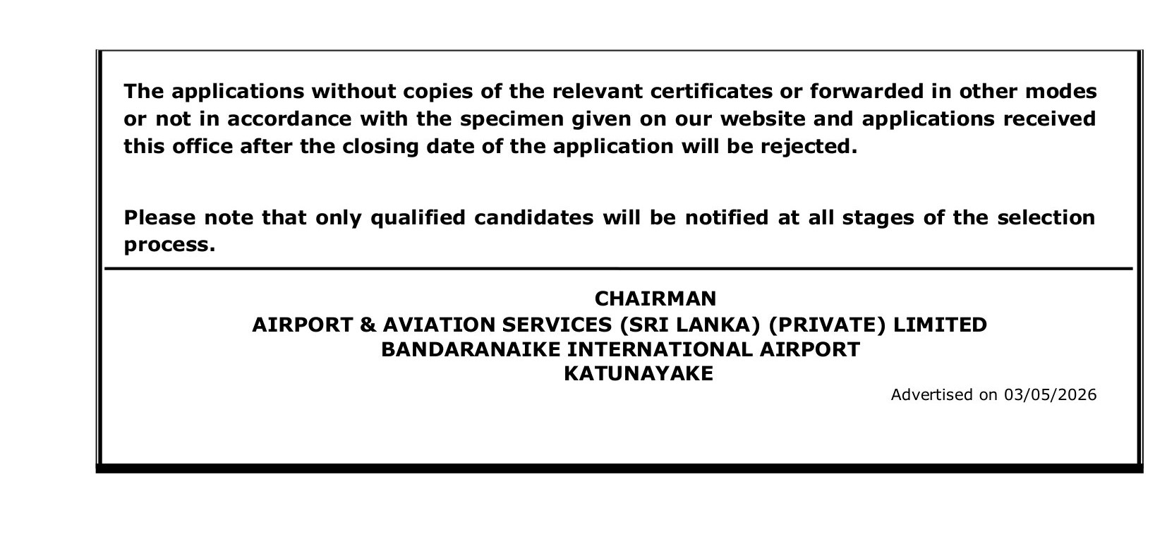 Aircraft Technician, Assistant Manager (Human Resources) - Airport and Aviation Services (Sri Lanka) (Private) Limited 