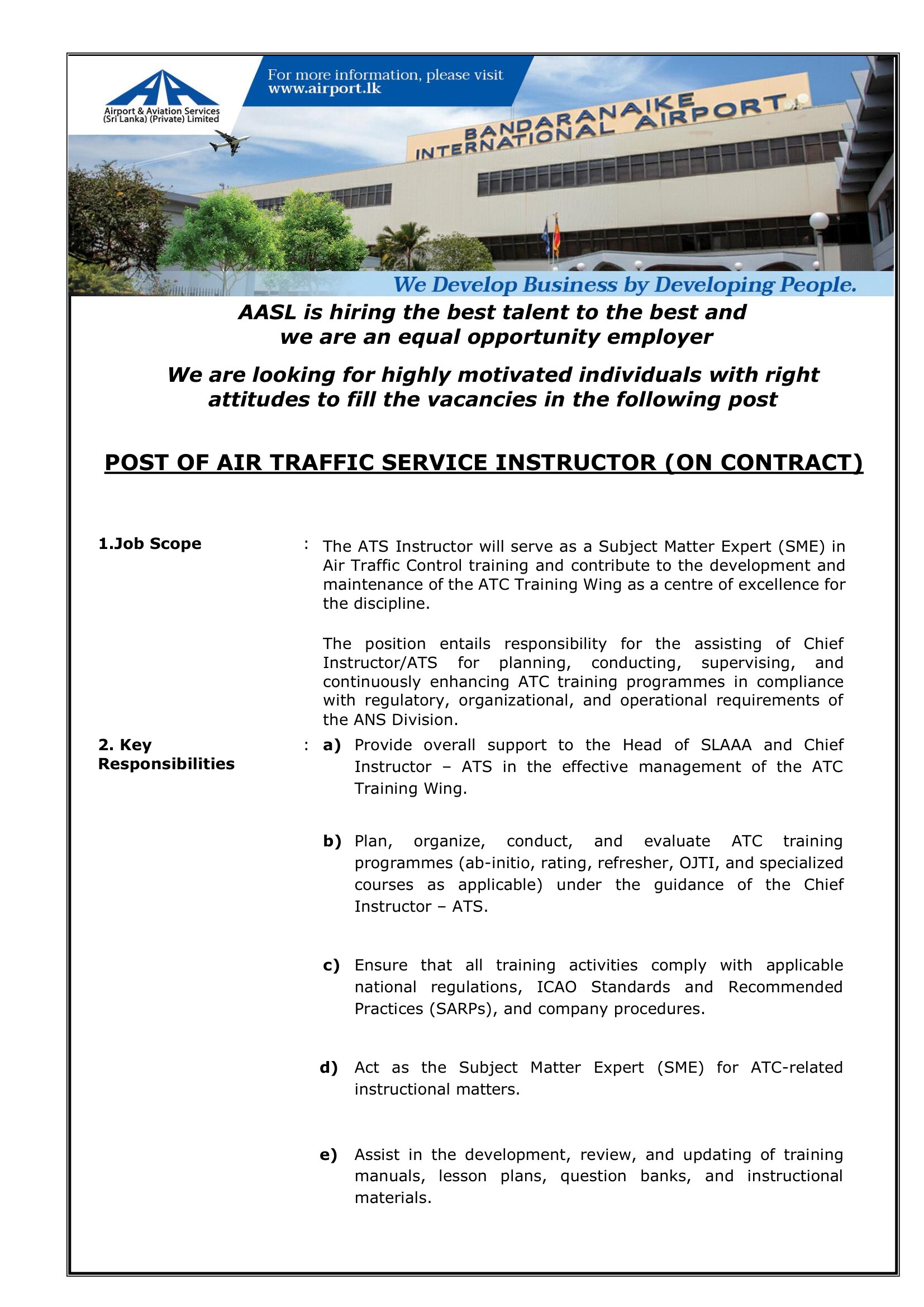 Air Traffic Service Instructor, Trainee Statistics & Research Assistant - Airport and Aviation Services (Sri Lanka) (Private) Limited