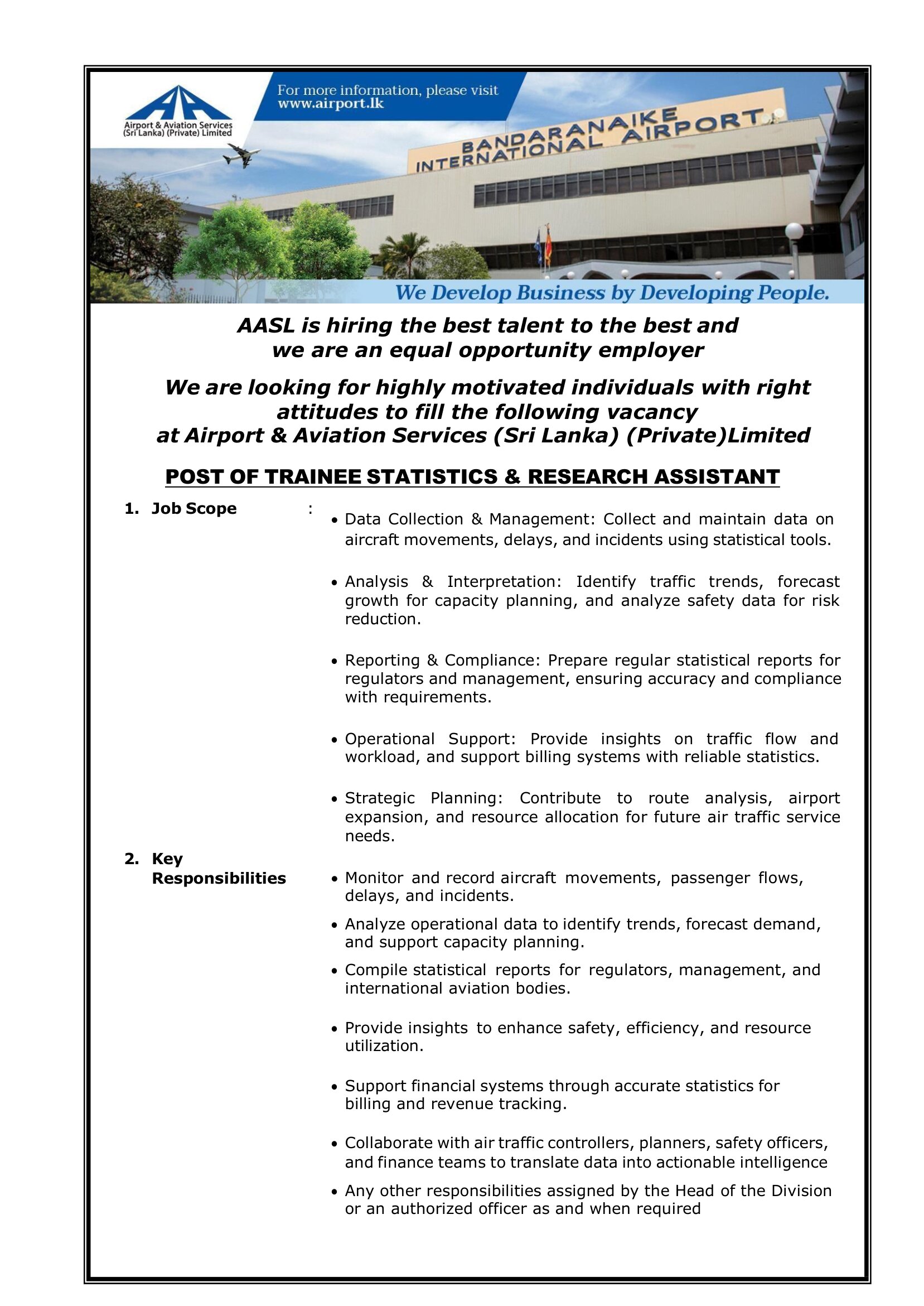 Air Traffic Service Instructor, Trainee Statistics & Research Assistant - Airport and Aviation Services (Sri Lanka) (Private) Limited