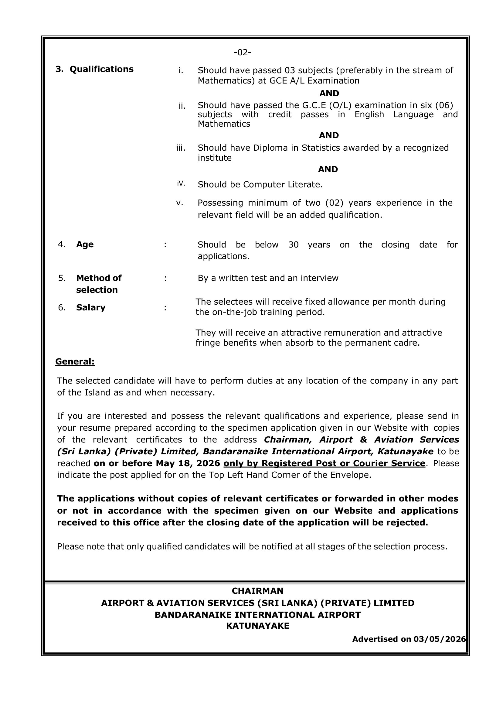 Air Traffic Service Instructor, Trainee Statistics & Research Assistant - Airport and Aviation Services (Sri Lanka) (Private) Limited