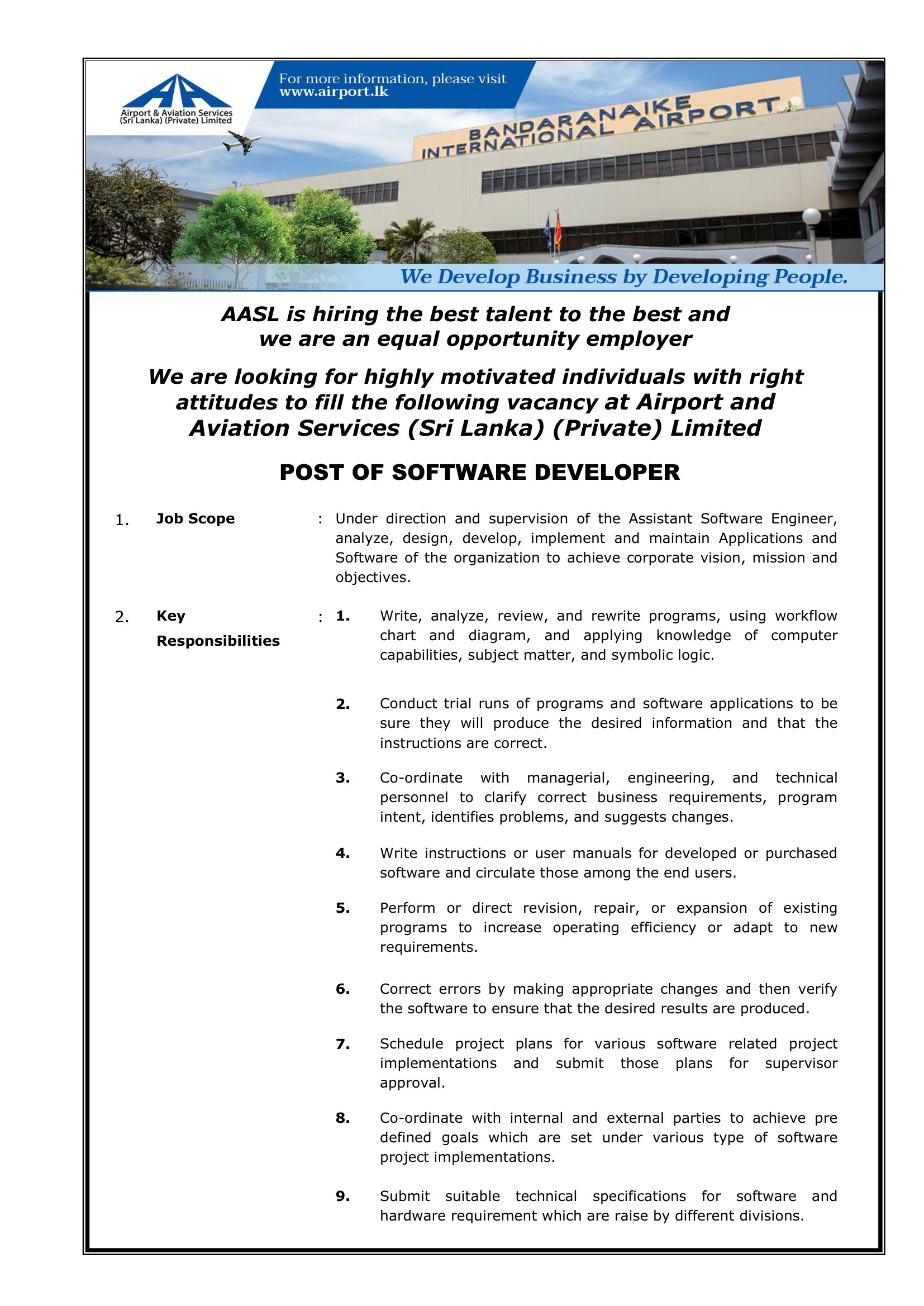 Software Developer, Supervisor (Civil), Nurse - Airport and Aviation Services (Sri Lanka) (Private) Limited