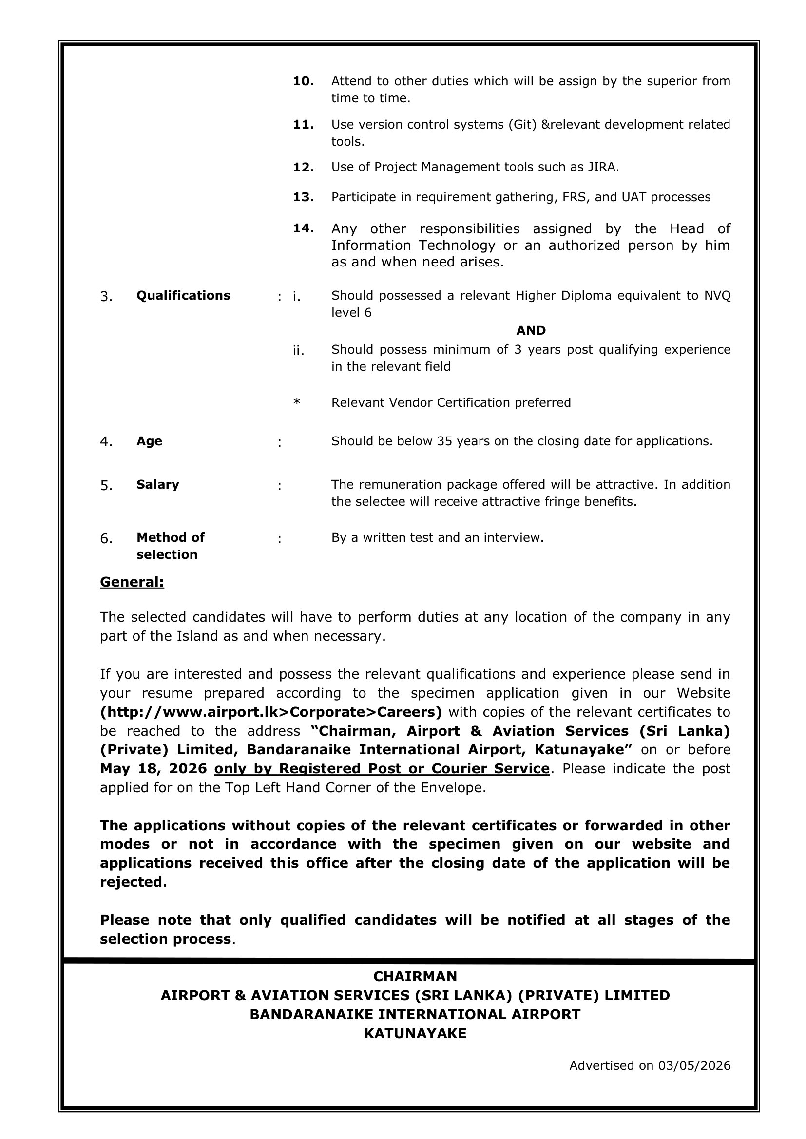 Software Developer, Supervisor (Civil), Nurse - Airport and Aviation Services (Sri Lanka) (Private) Limited