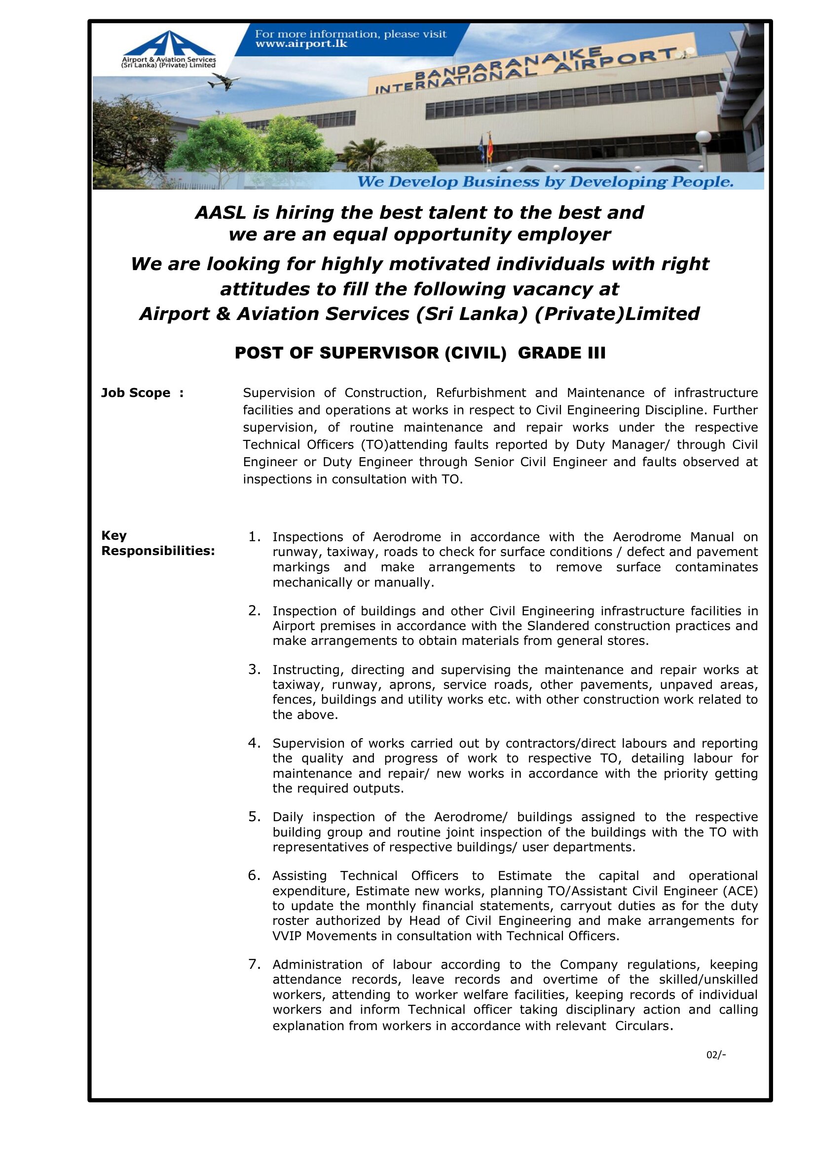 Software Developer, Supervisor (Civil), Nurse - Airport and Aviation Services (Sri Lanka) (Private) Limited