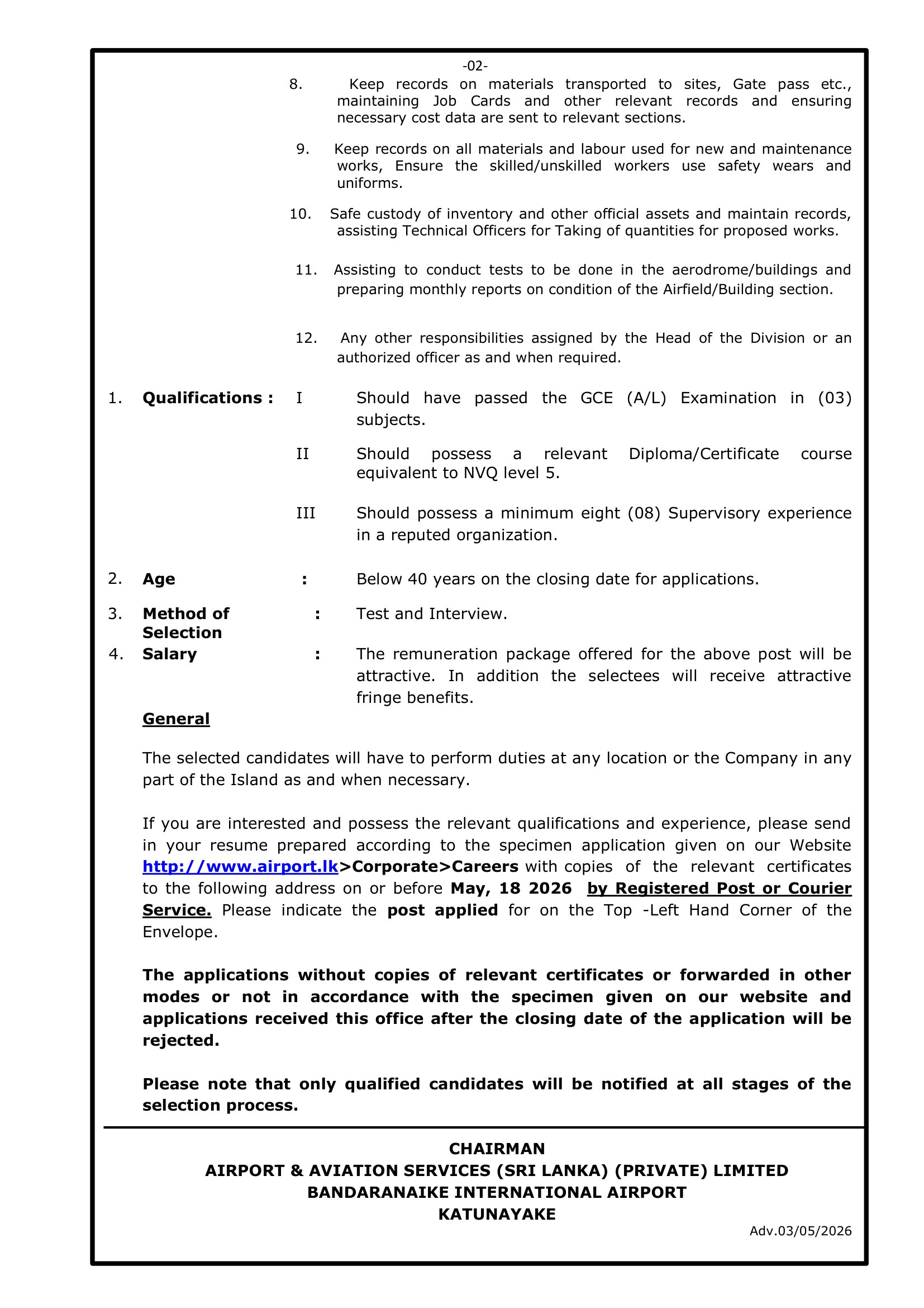 Software Developer, Supervisor (Civil), Nurse - Airport and Aviation Services (Sri Lanka) (Private) Limited
