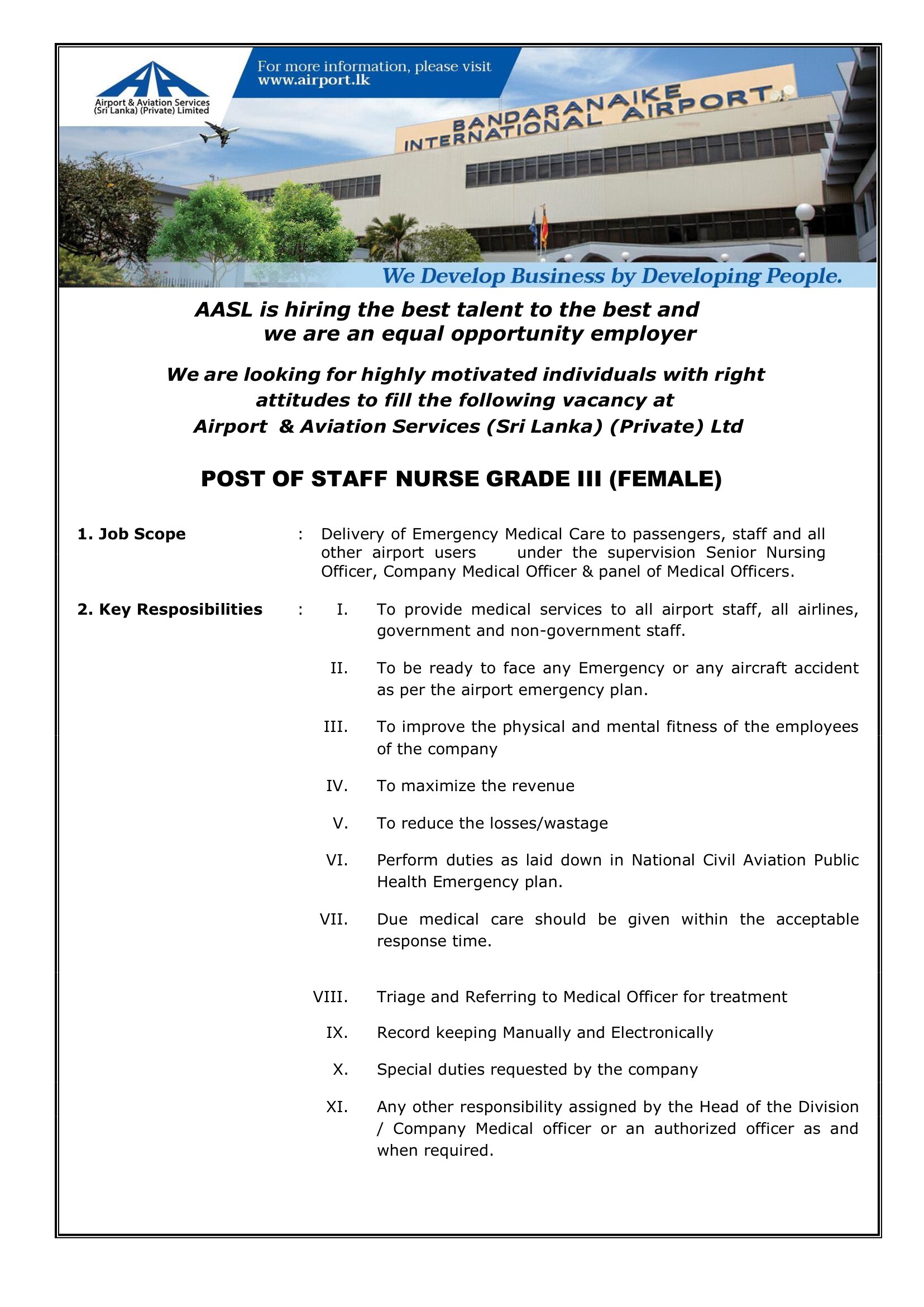 Software Developer, Supervisor (Civil), Nurse - Airport and Aviation Services (Sri Lanka) (Private) Limited