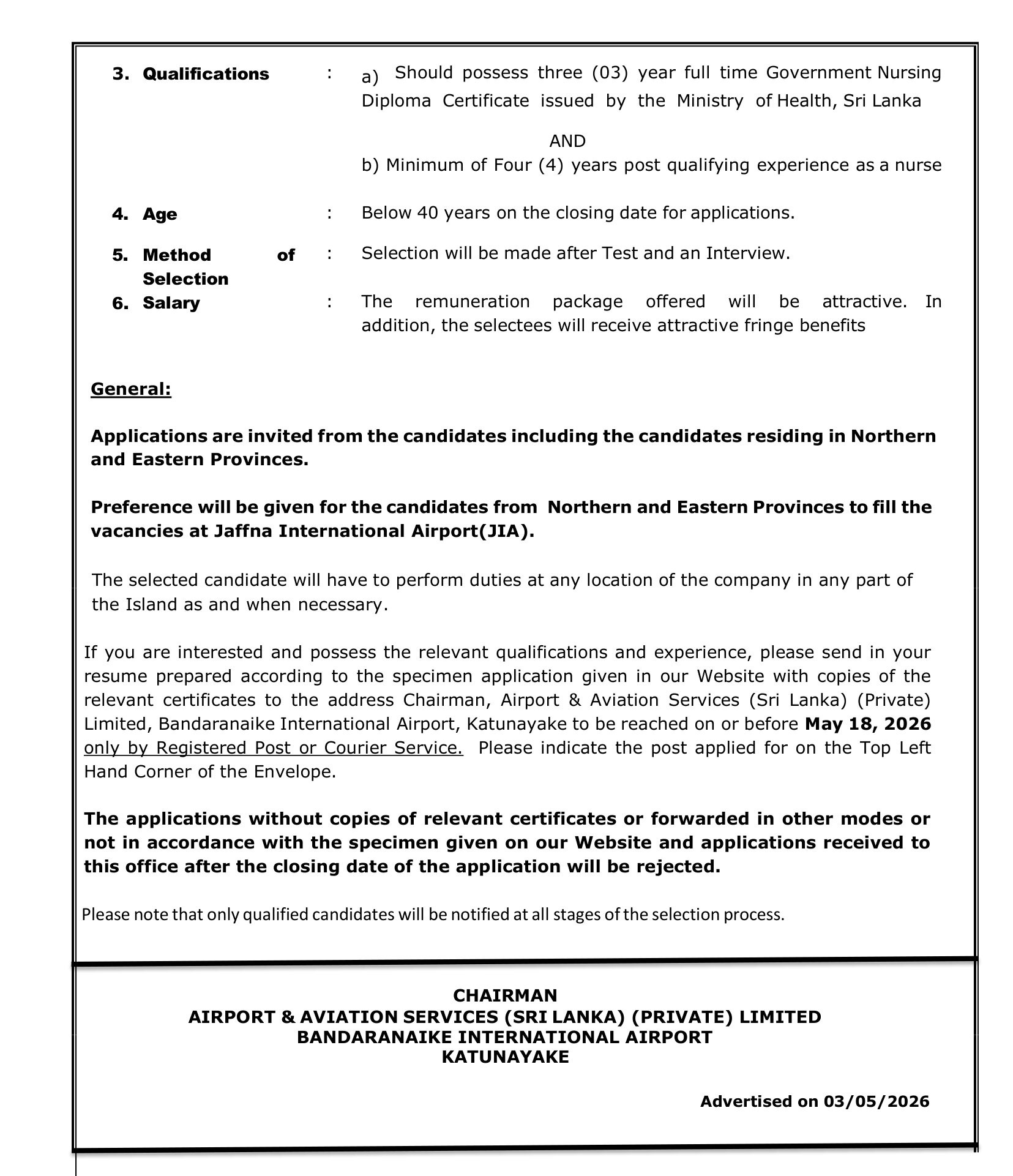 Software Developer, Supervisor (Civil), Nurse - Airport and Aviation Services (Sri Lanka) (Private) Limited