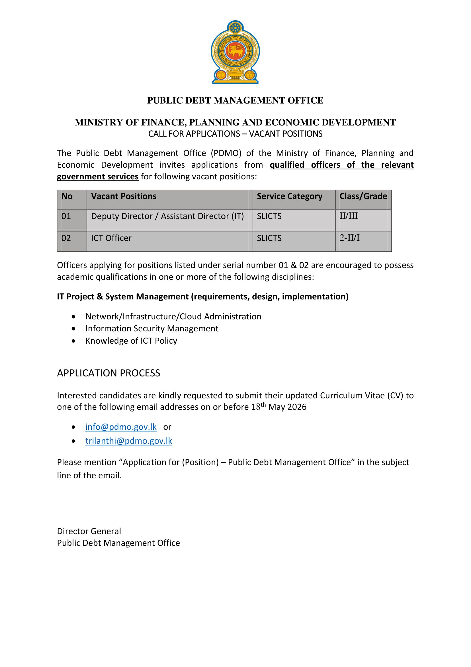 Deputy Director/Assistant Director, ICT Officer - Public Debt Management Office