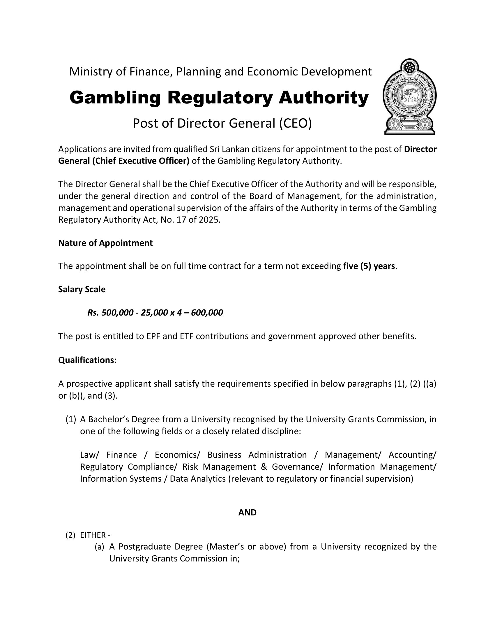 Director General (CEO) - Gambling Regulatory Authority