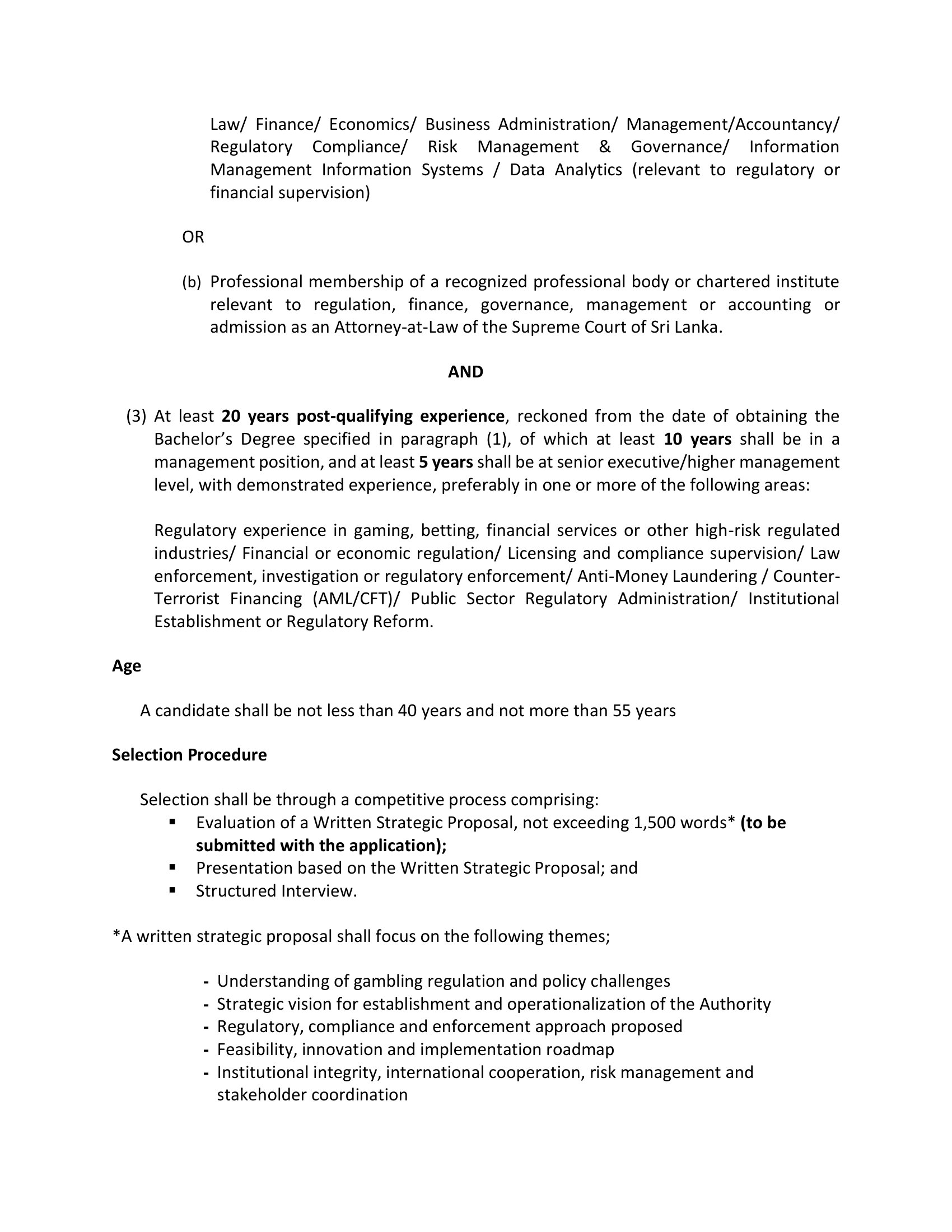 Director General (CEO) - Gambling Regulatory Authority