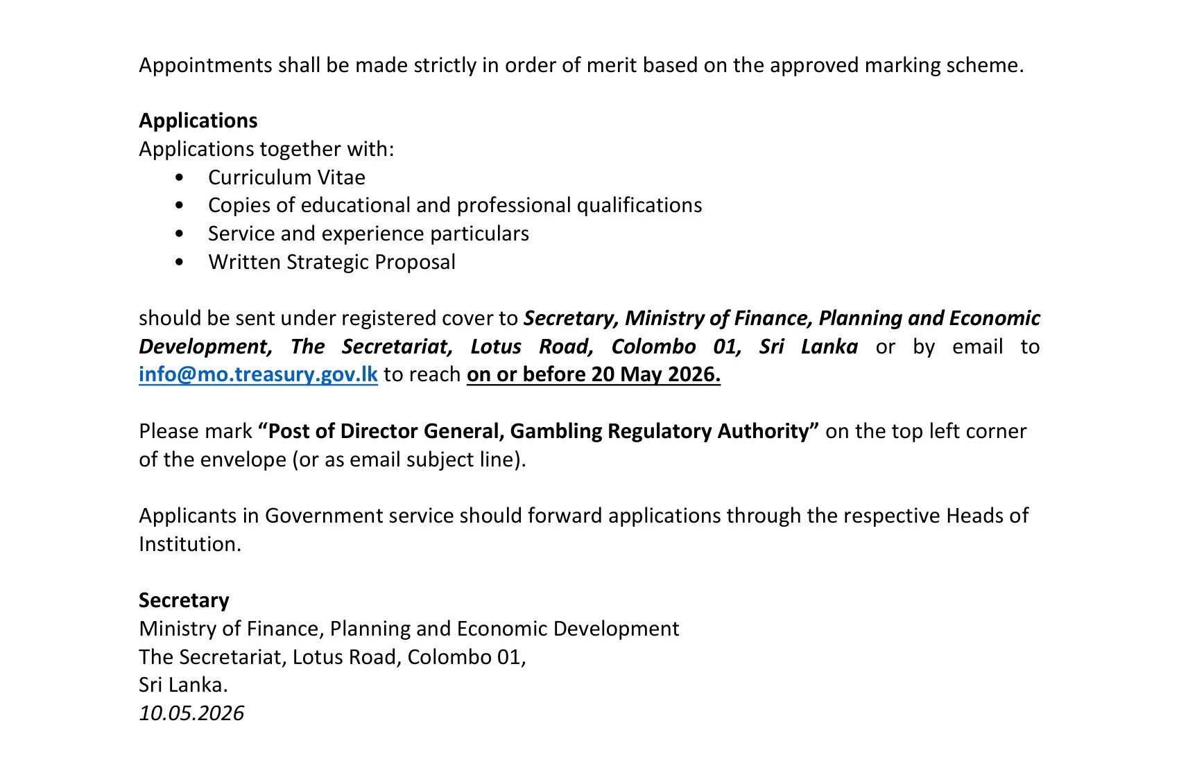 Director General (CEO) - Gambling Regulatory Authority