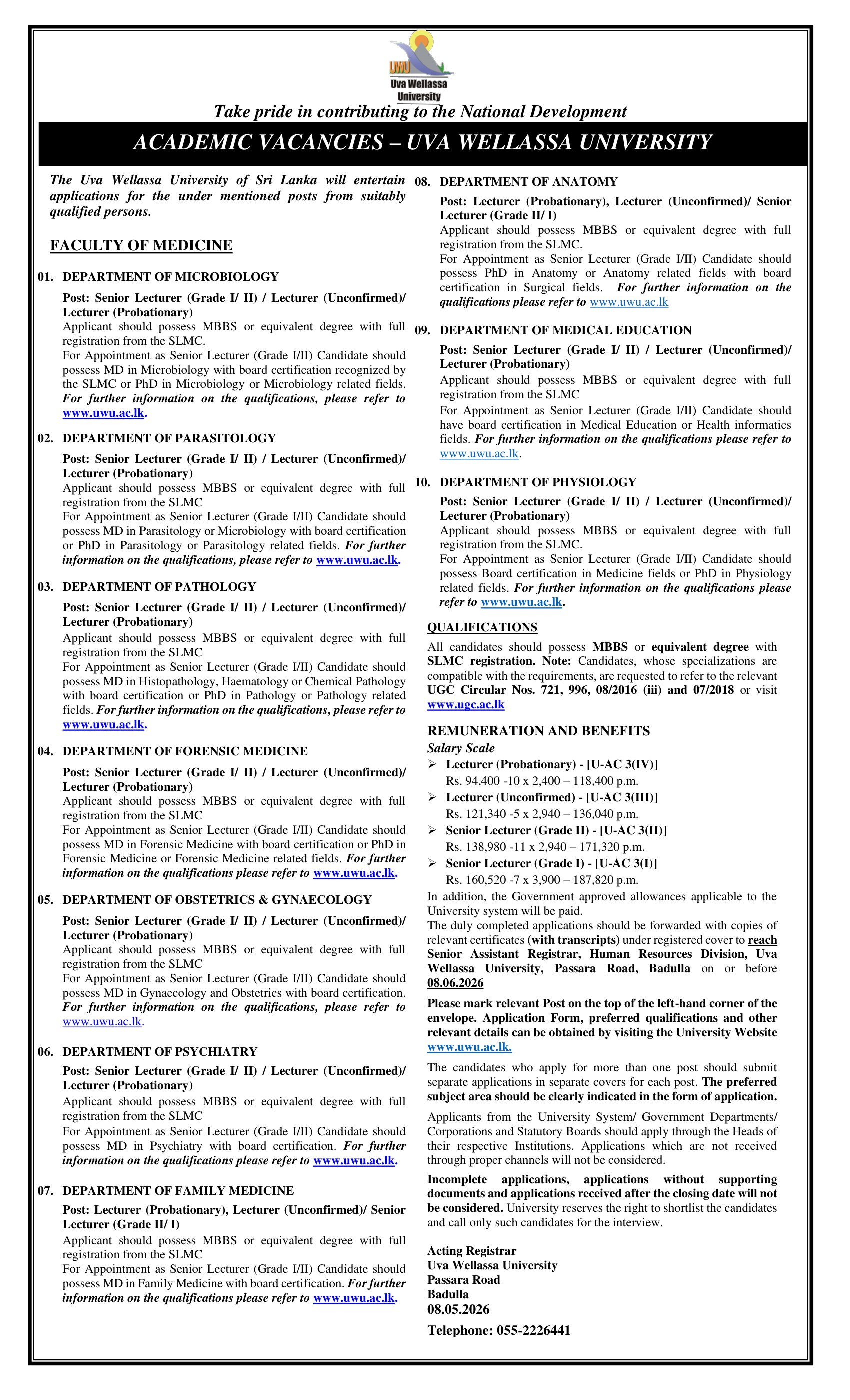 Lecturer, Senior Lecturer - Uva Wellassa University